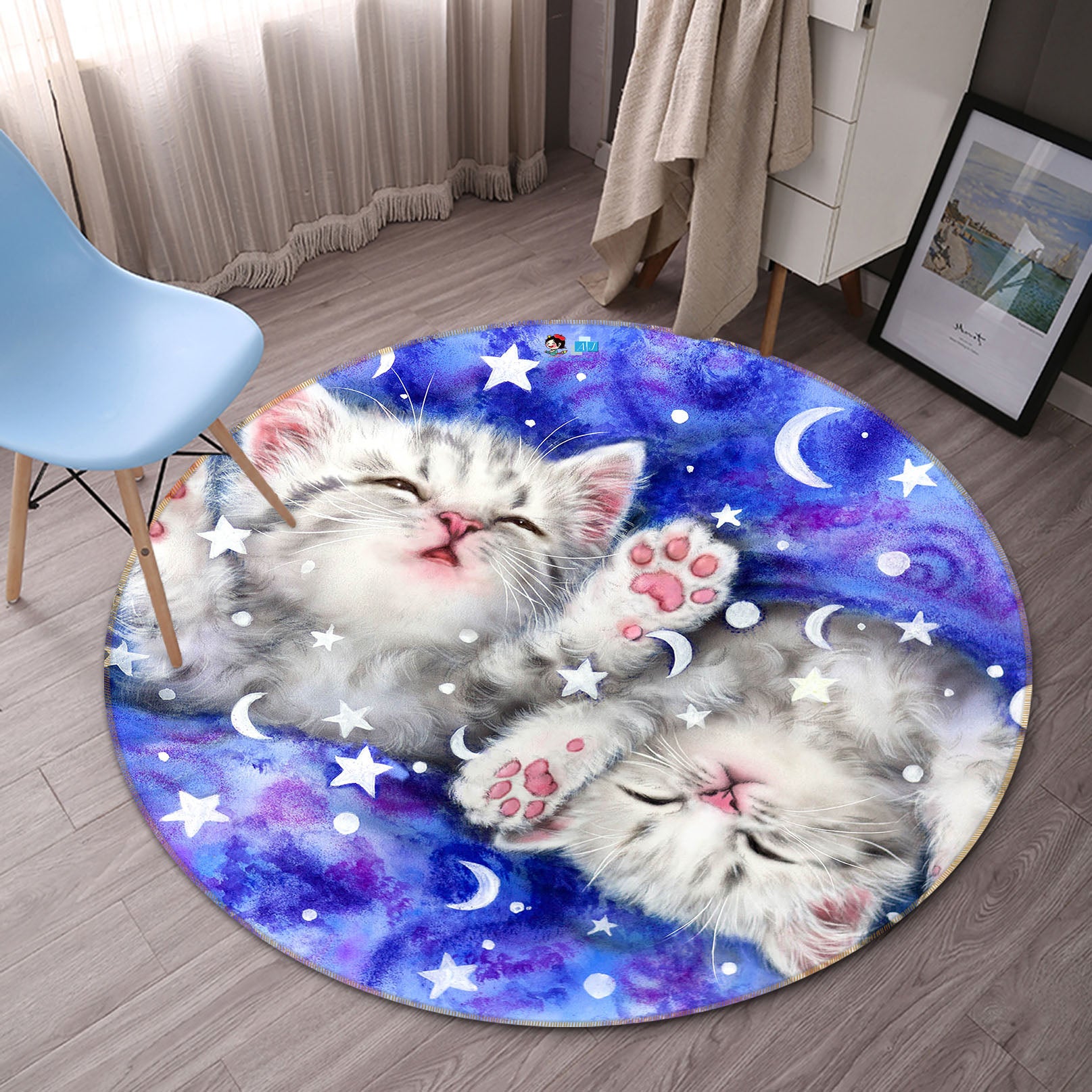 3D Moon Star Cat 6069 Kayomi Harai Rug Round Non Slip Rug Mat