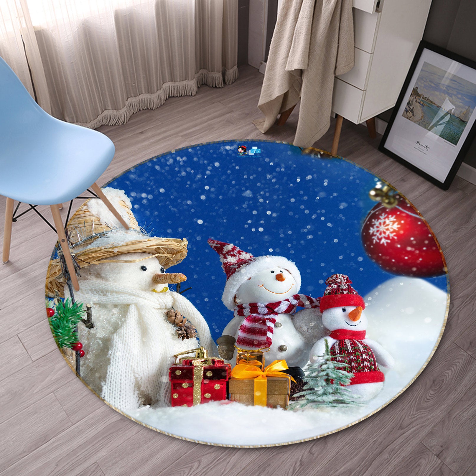 3D Snowman 54095 Christmas Round Non Slip Rug Mat Xmas