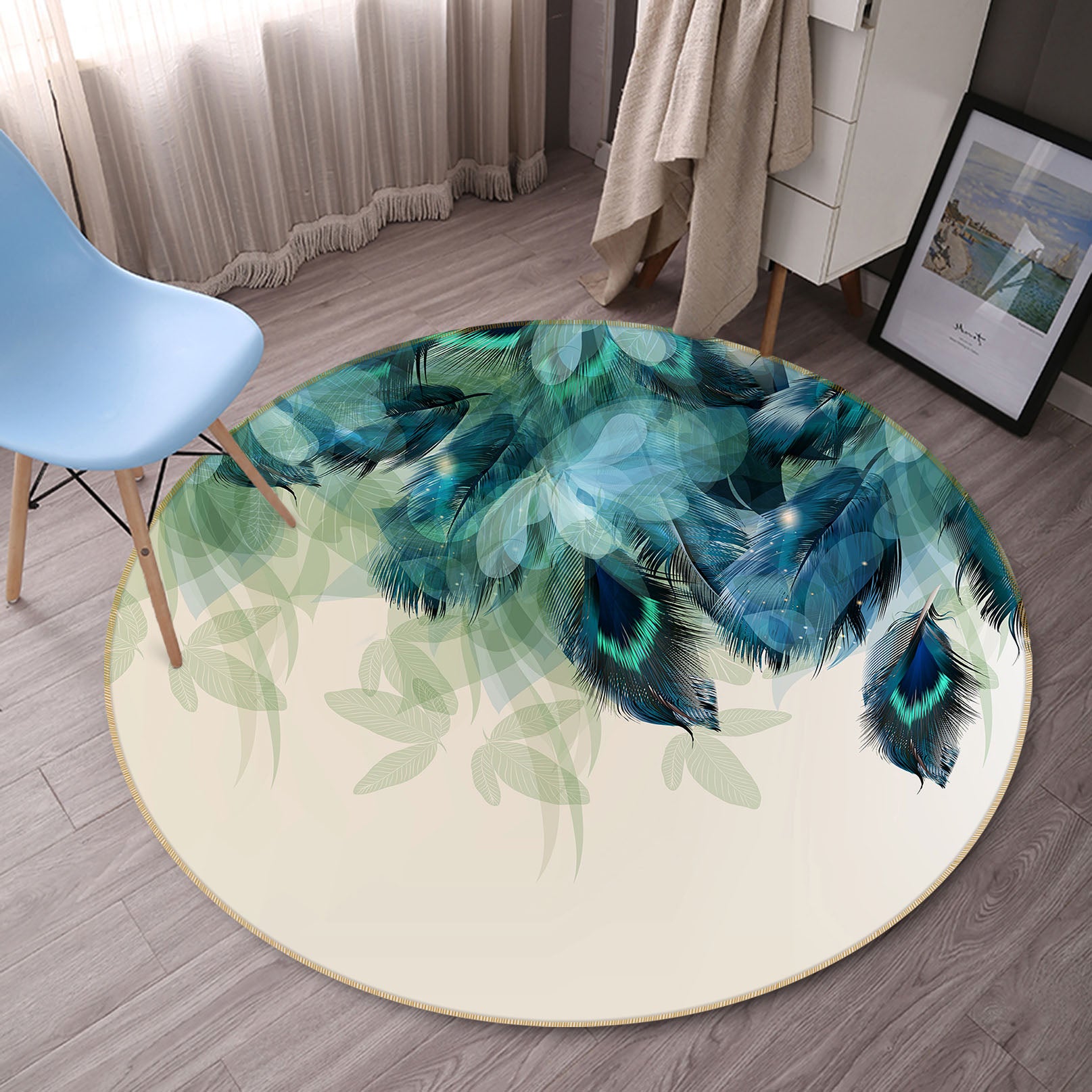 3D Feather Leaves 29032 Round Non Slip Rug Mat