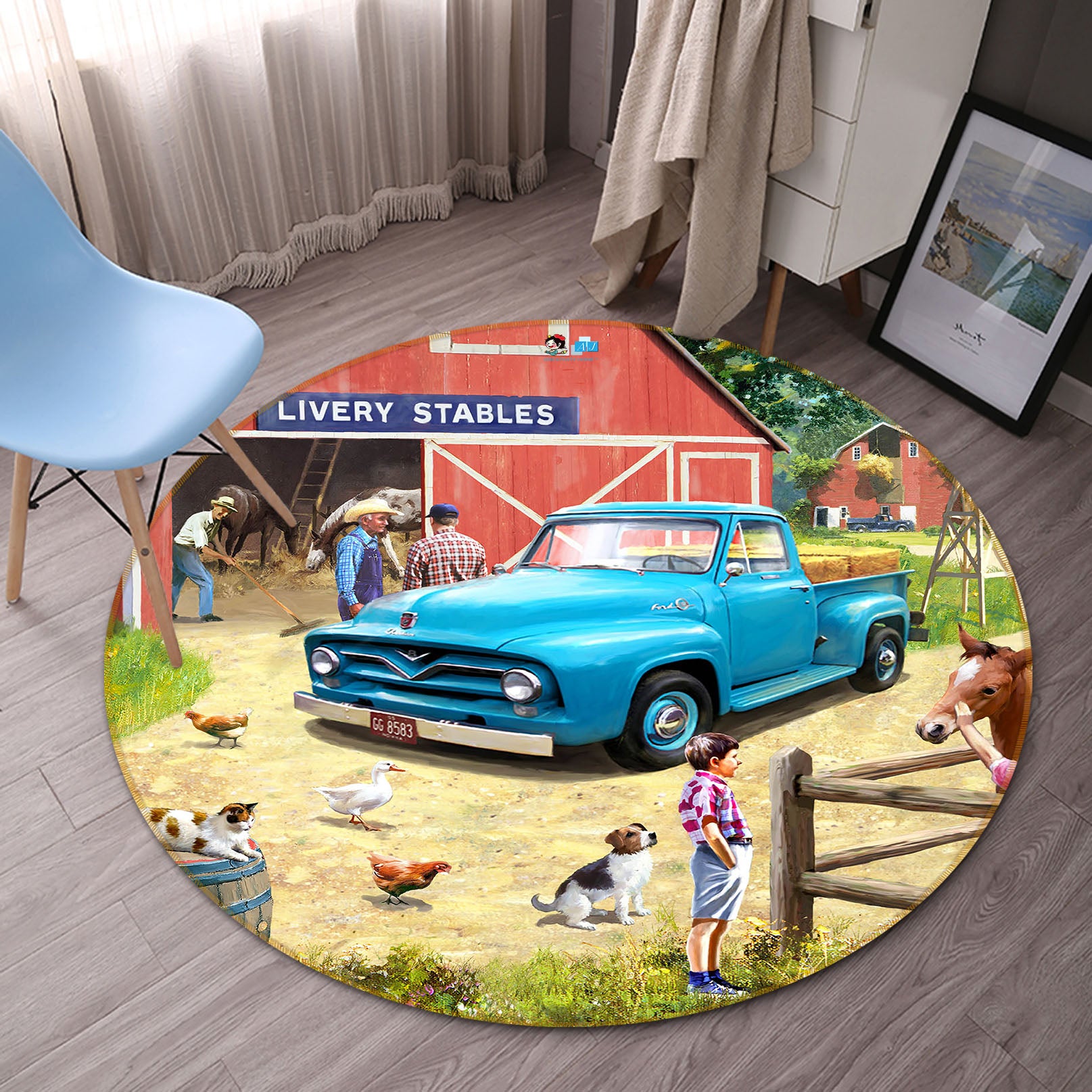 3D Blue Pickup 053 Kevin Walsh Rug Round Non Slip Rug Mat