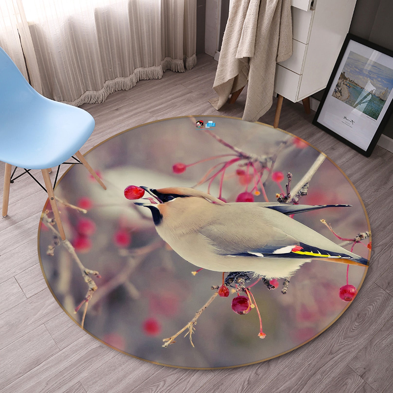 3D Flower Branch Bird 82028 Animal Round Non Slip Rug Mat