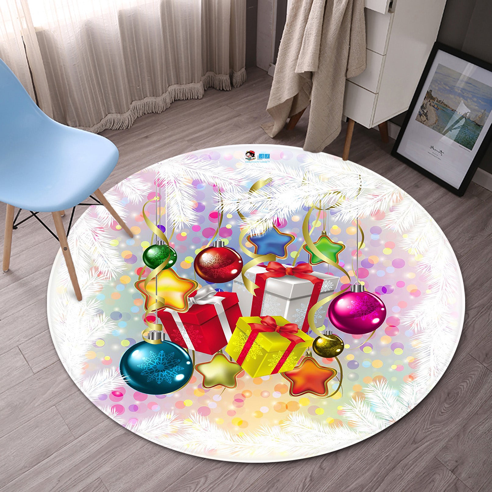 3D Gift Box Colorful Balls 66032 Christmas Round Non Slip Rug Mat Xmas