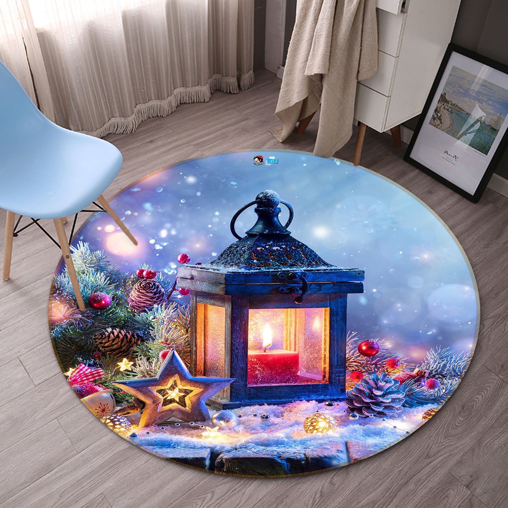 3D Candle Light 54210 Christmas Round Non Slip Rug Mat Xmas