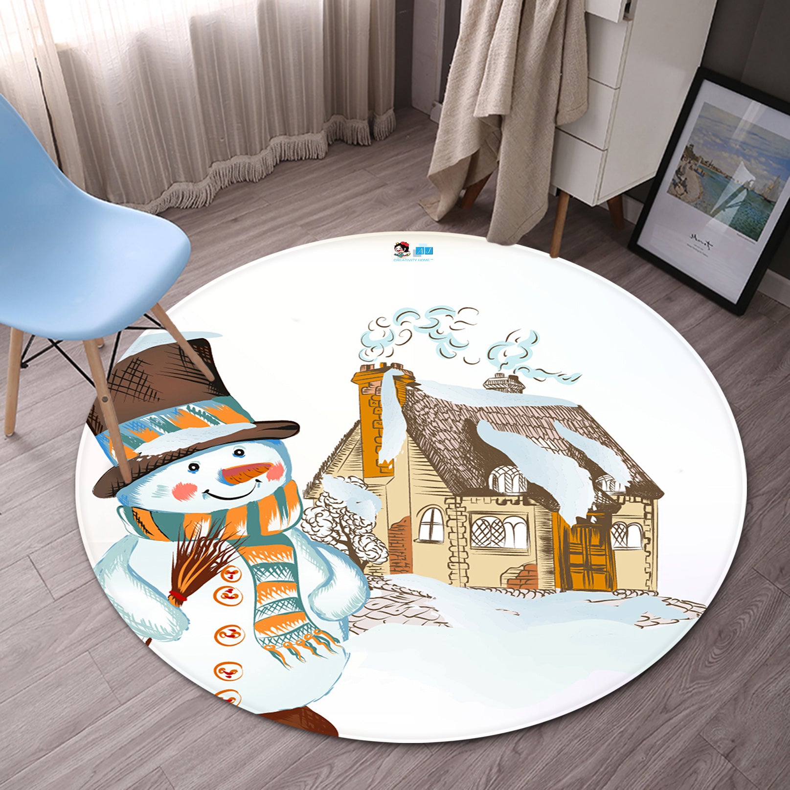 3D House Snowman 66020 Christmas Round Non Slip Rug Mat Xmas