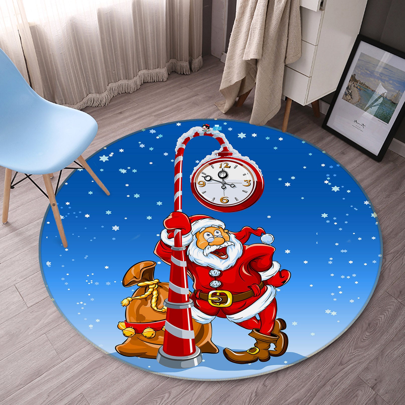 3D Clock Santa 75061 Round Non Slip Rug Mat