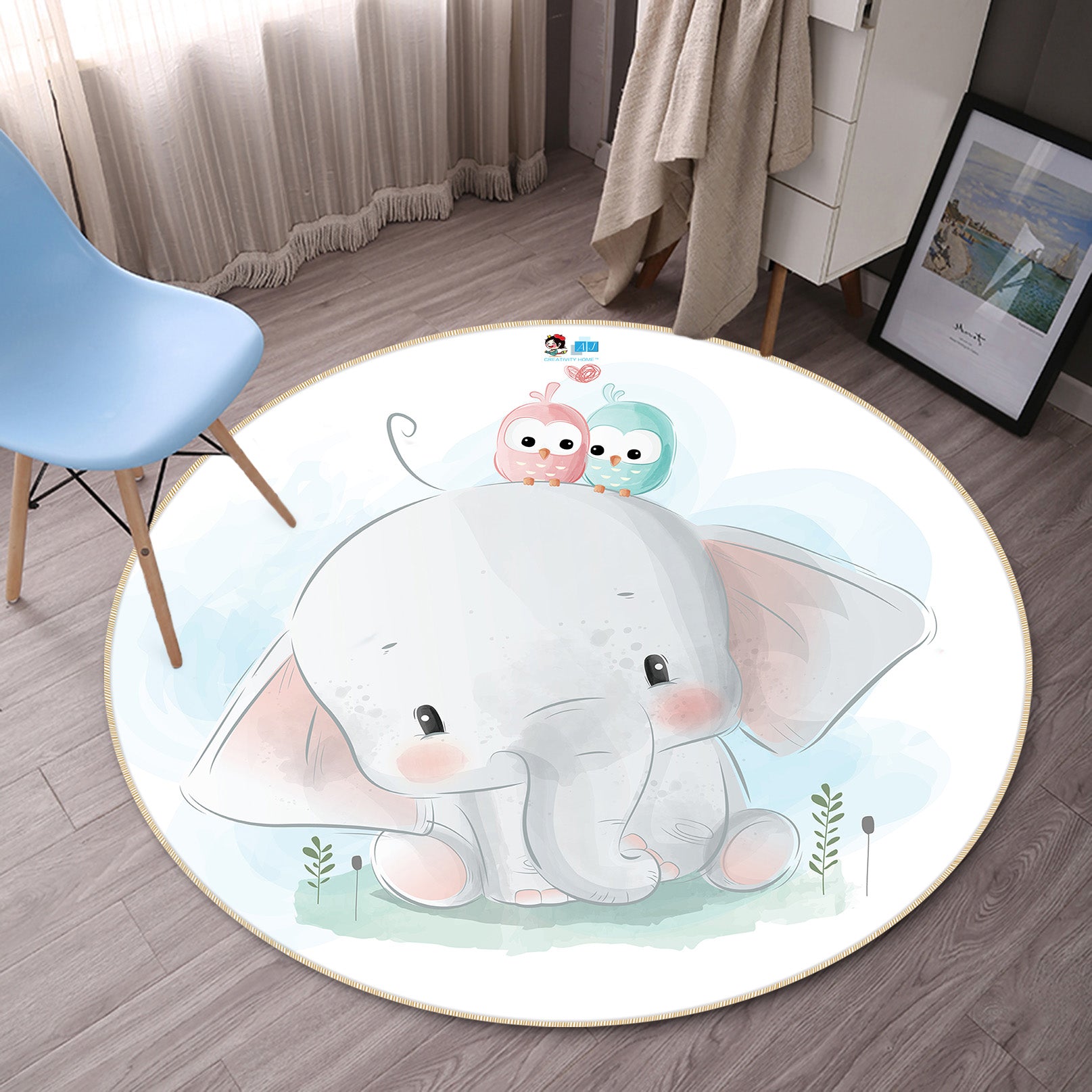 3D Elephant 74255 Round Non Slip Rug Mat