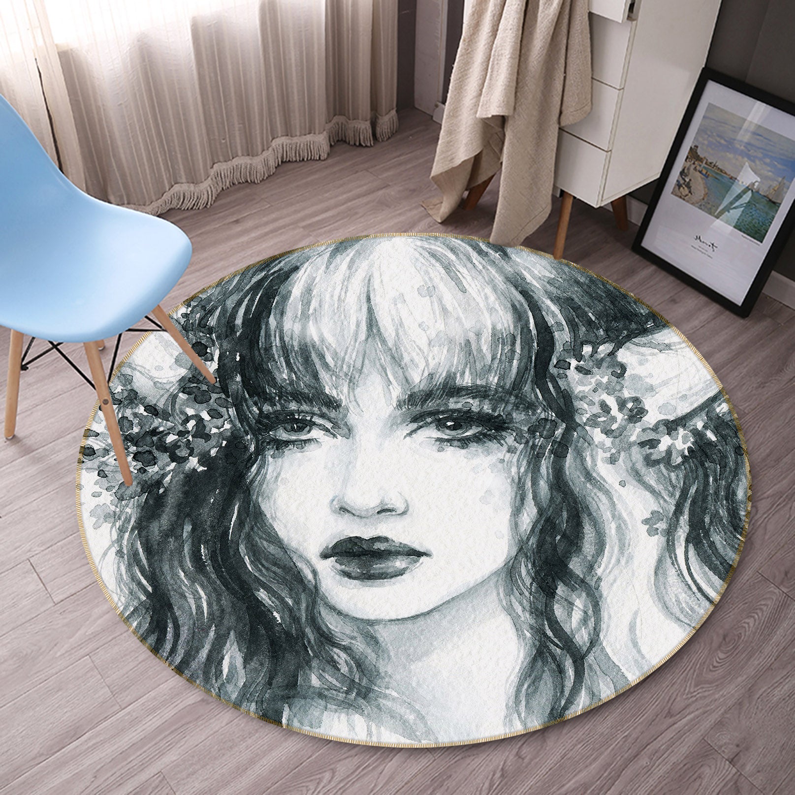 3D Beautiful Curly Hair Women 37030 Round Non Slip Rug Mat