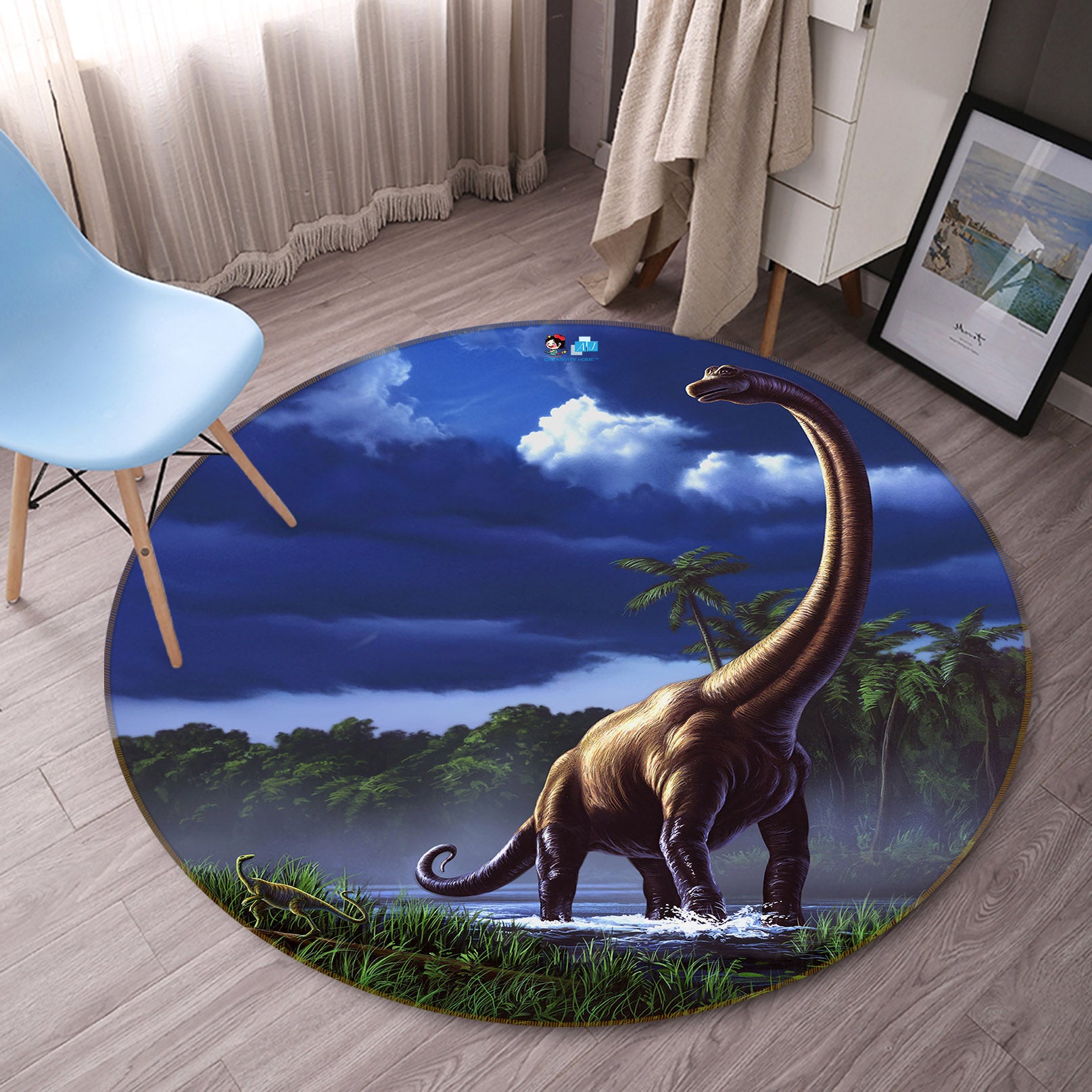 3D Long-Necked Dinosaur 83118 Jerry LoFaro Rug Round Non Slip Rug Mat