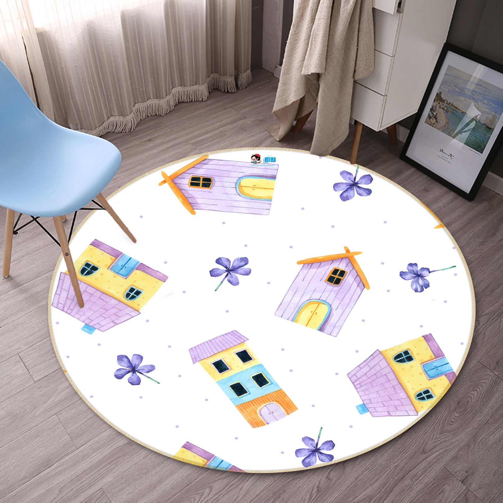 3D Purple House 81042 Round Non Slip Rug Mat