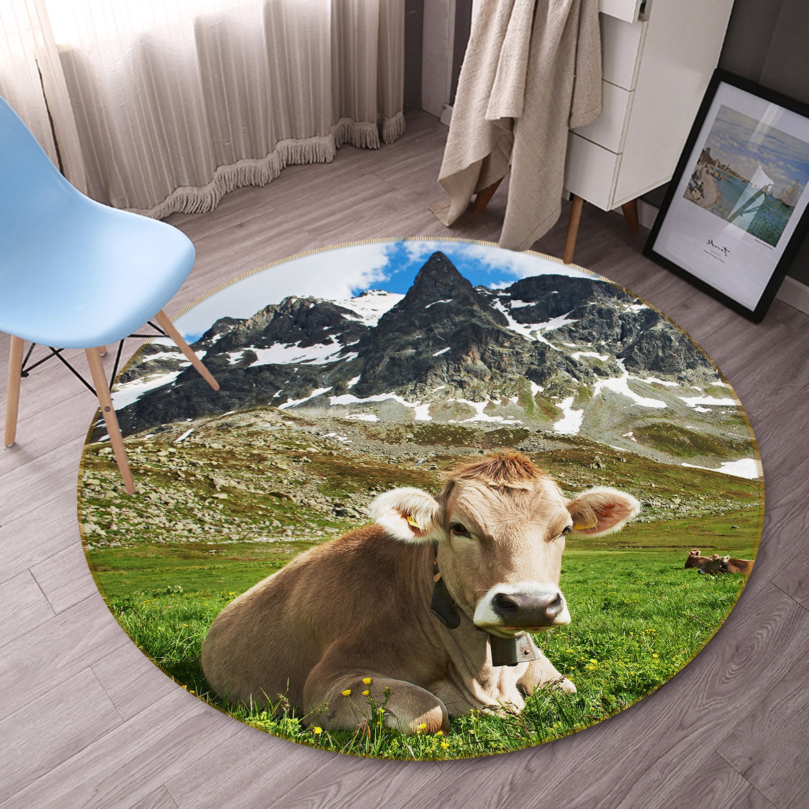 3D Mountain Cattle 37228 Animal Round Non Slip Rug Mat