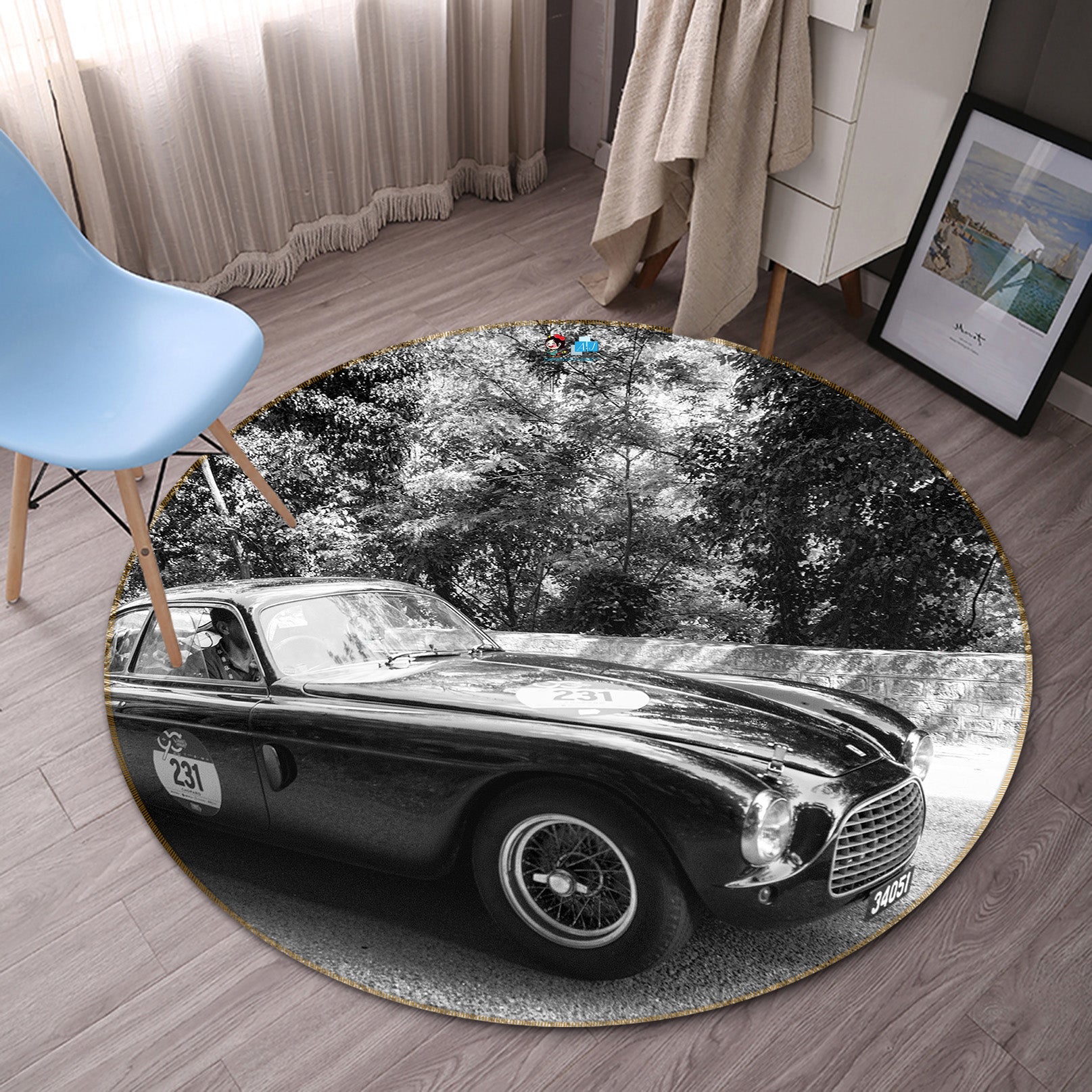 3D Black White Car 74184 Round Non Slip Rug Mat