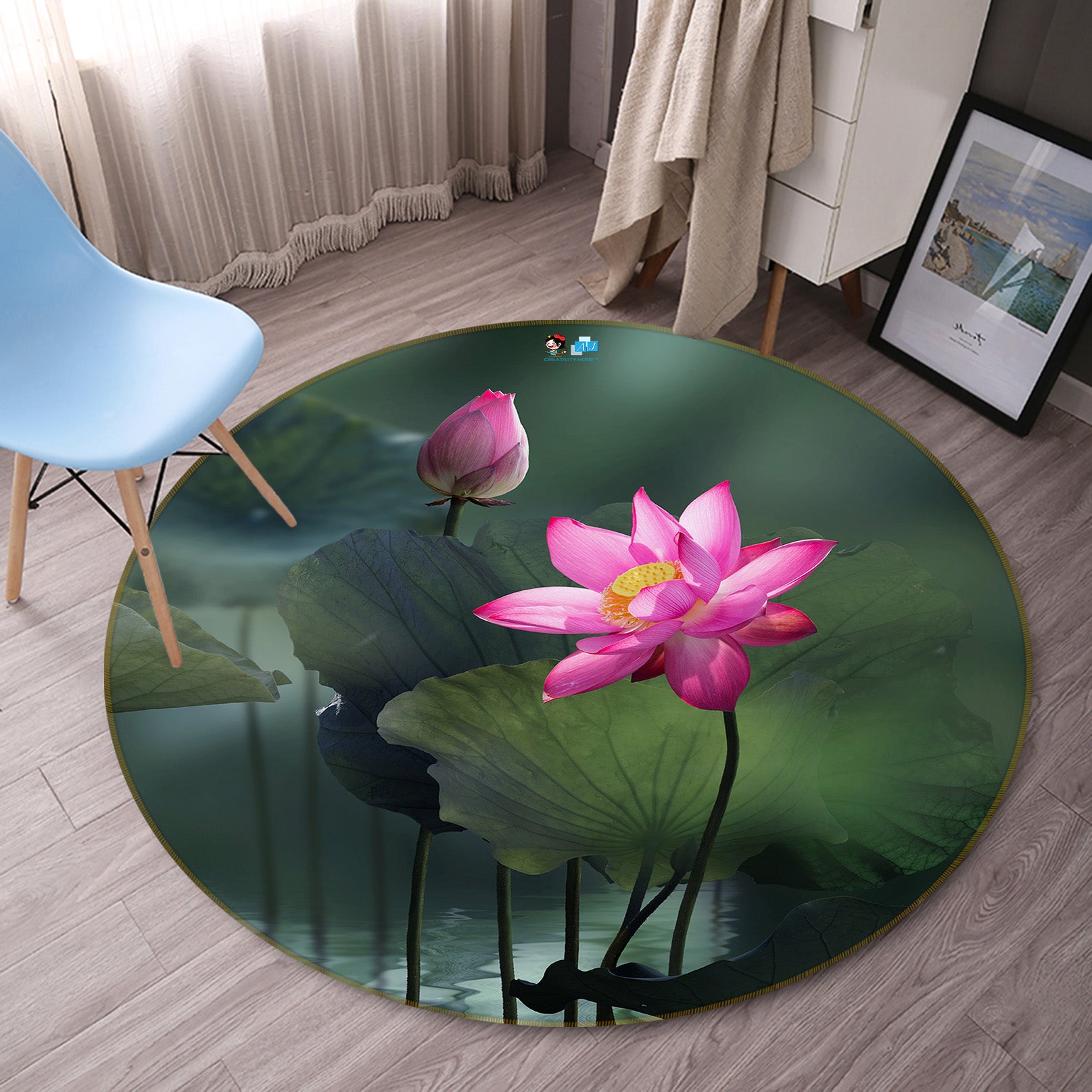 3D Lotus Pond 71174 Round Non Slip Rug Mat