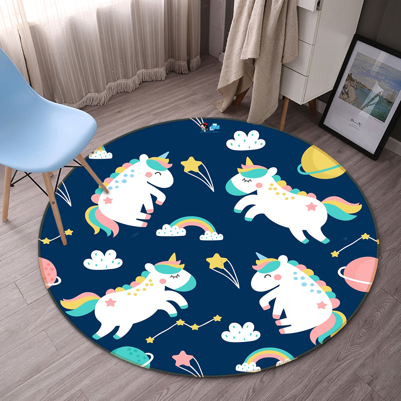 3D Black Background Unicorn Pattern 81125 Round Non Slip Rug Mat