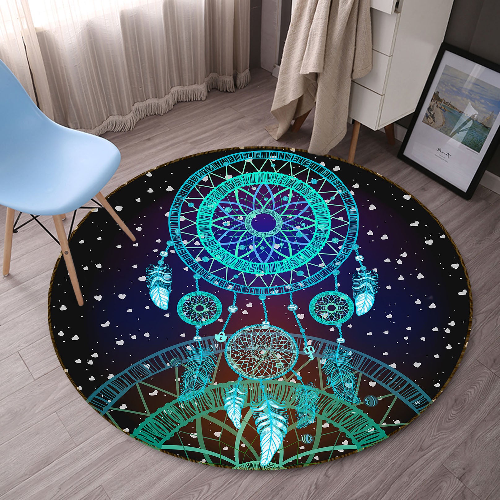 3D Blue Dream Catcher 29041 Round Non Slip Rug Mat