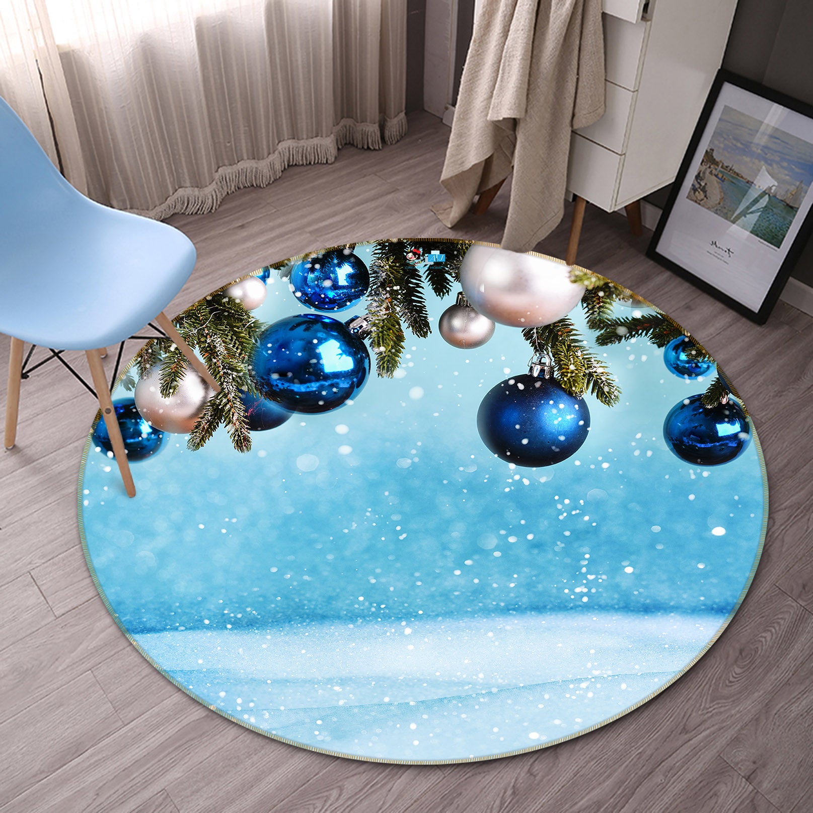3D Blue Ball 54181 Christmas Round Non Slip Rug Mat Xmas