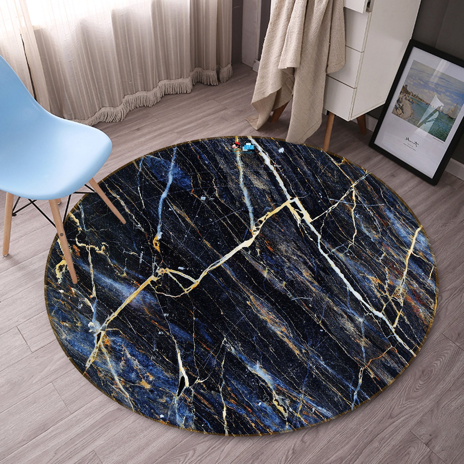 3D Black Marbling 69215 Round Non Slip Rug Mat