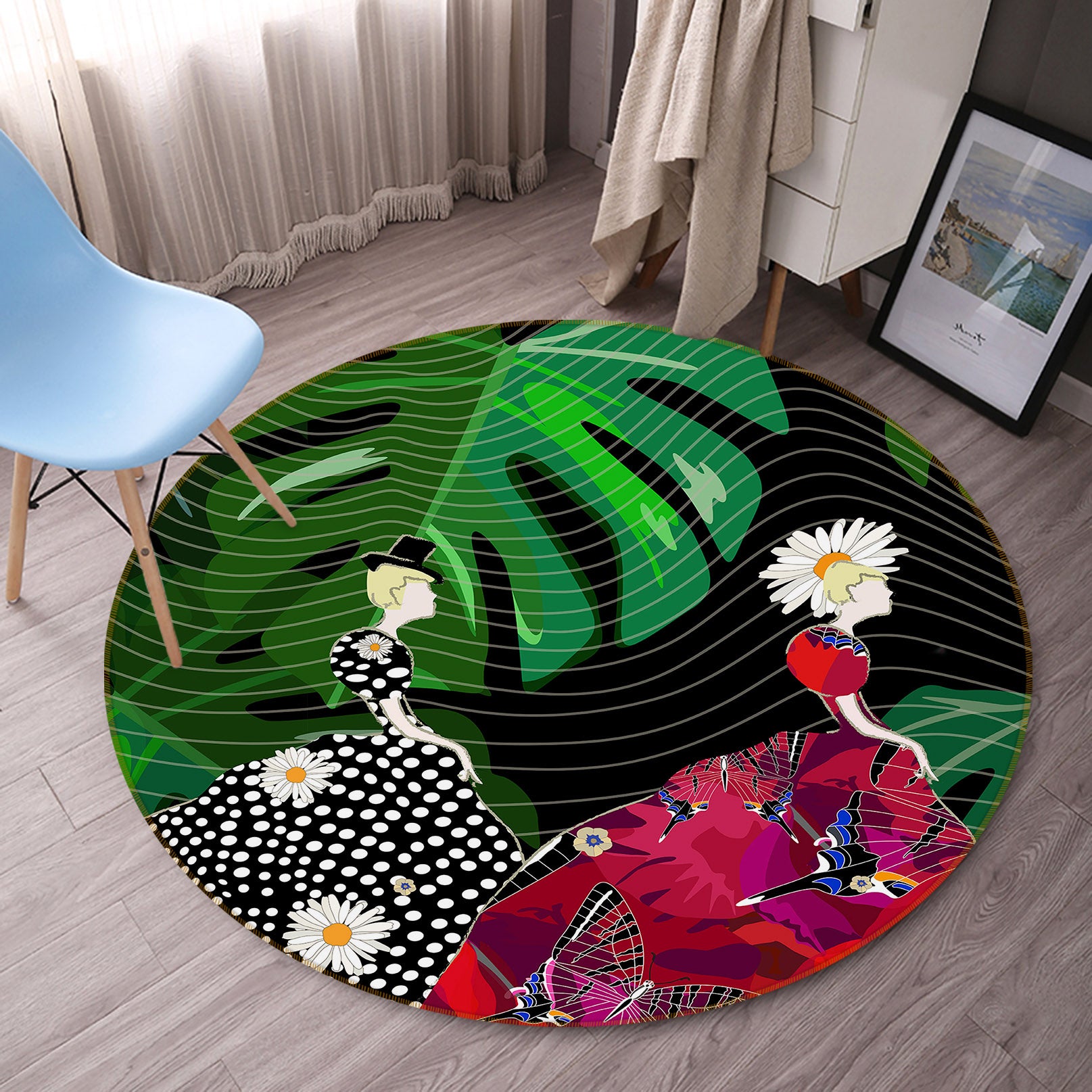 3D Leaves Floral Skirt 37007 Round Non Slip Rug Mat