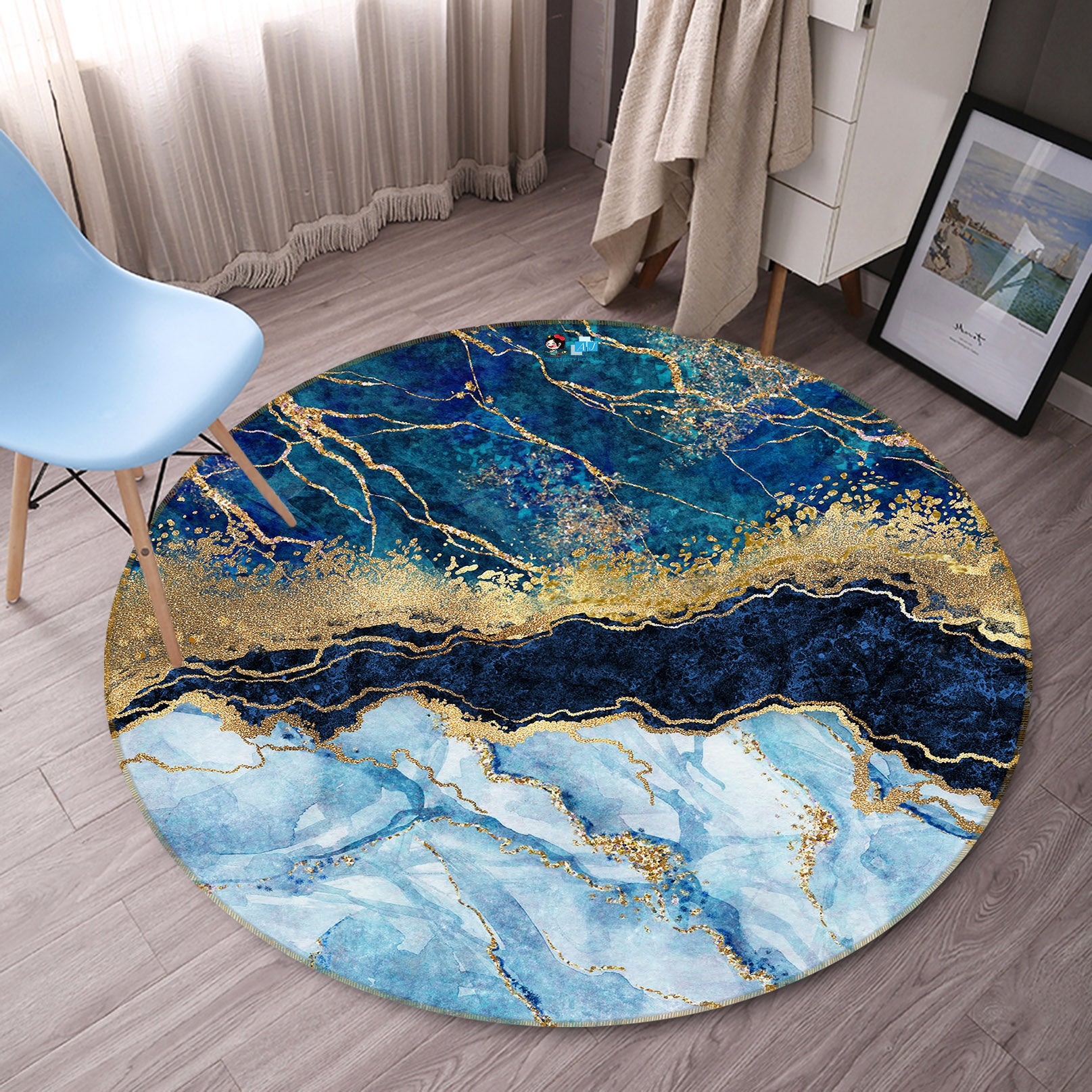 3D Dark Green Marbling 71149 Round Non Slip Rug Mat
