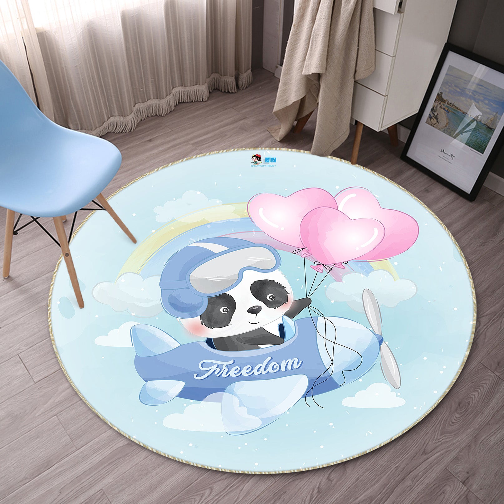 3D Airplane Panda Balloon 74217 Round Non Slip Rug Mat