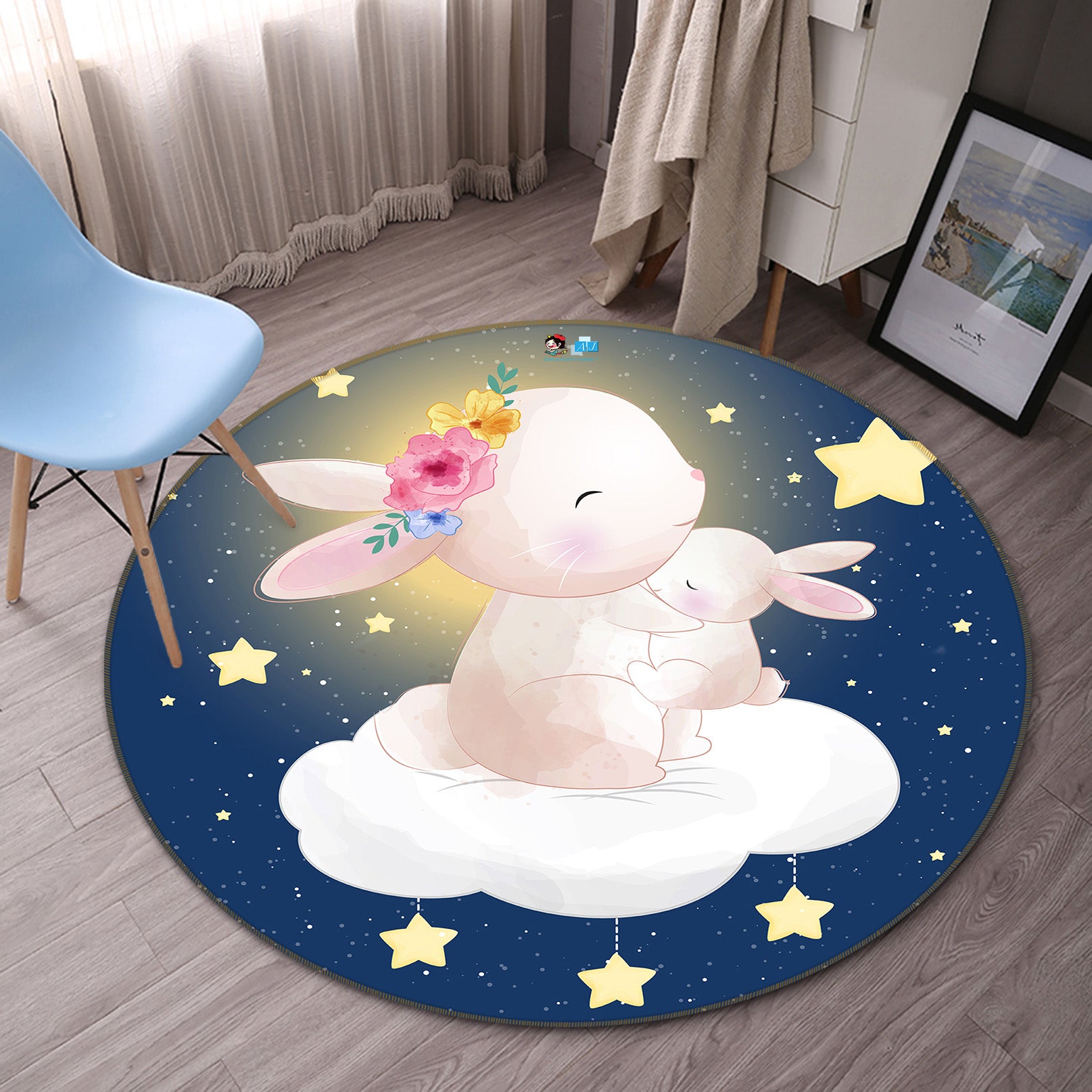 3D Rabbit Stars Clouds 74224 Round Non Slip Rug Mat
