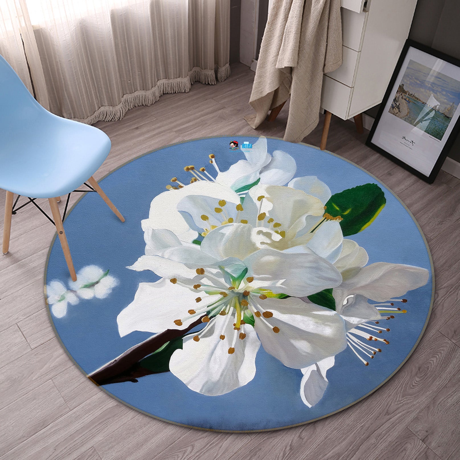 3D White Flowers 11099 Matthew Holden Bates Rug Round Non Slip Rug Mat