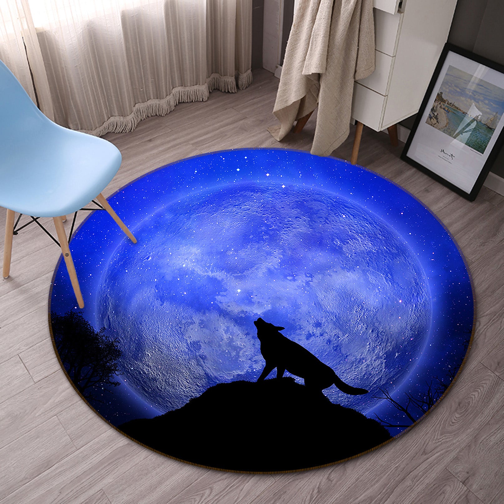 3D Moon Wolf 82183 Animal Round Non Slip Rug Mat