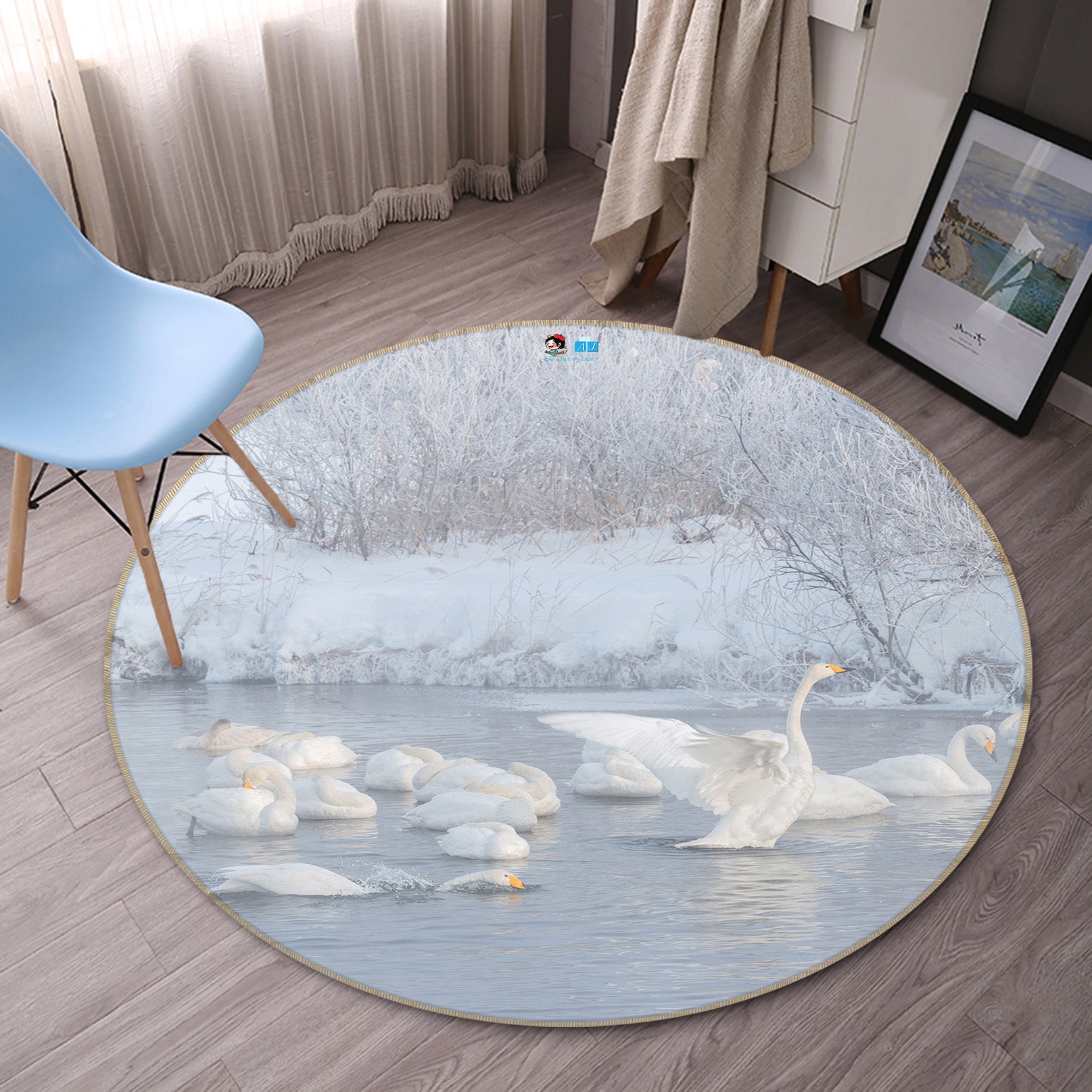 3D Snow Swan 74189 Round Non Slip Rug Mat