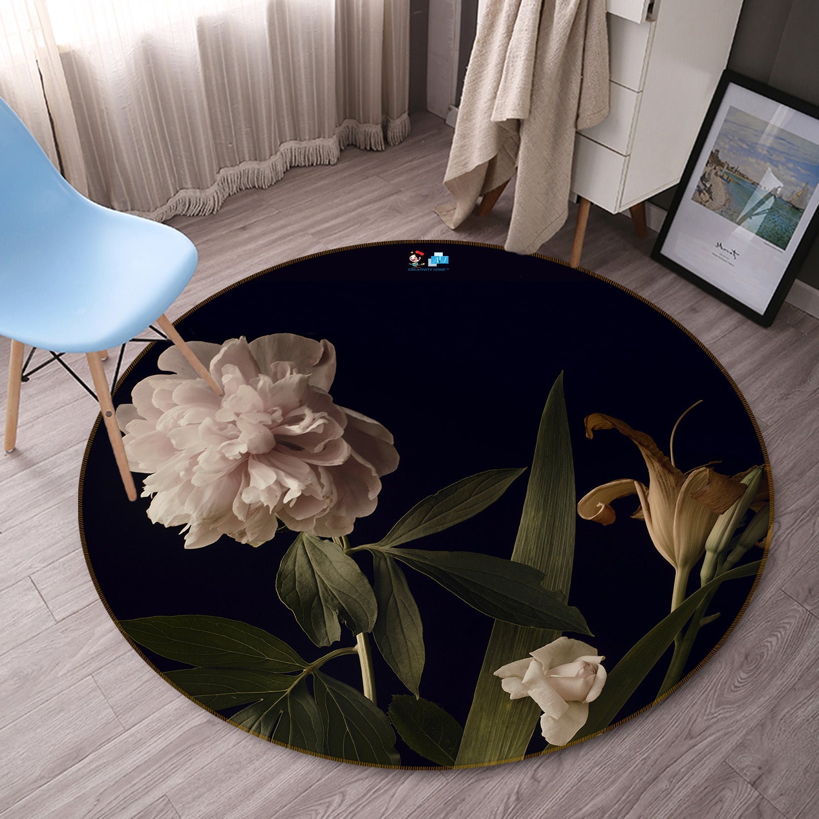 3D White Flowers 71152 Round Non Slip Rug Mat