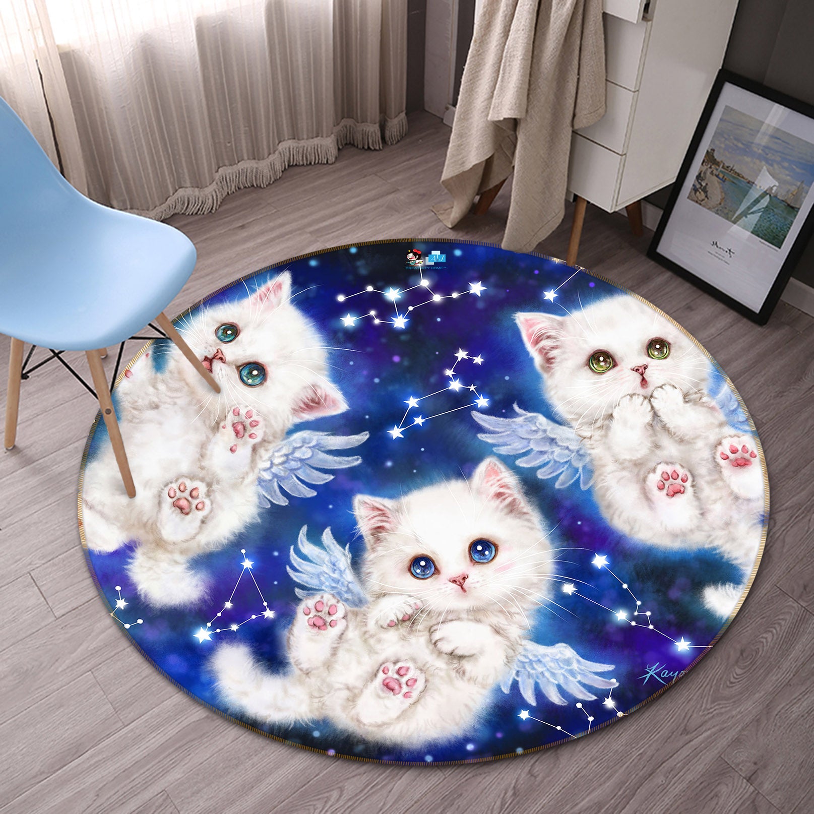 3D Angel Cat 6071 Kayomi Harai Rug Round Non Slip Rug Mat