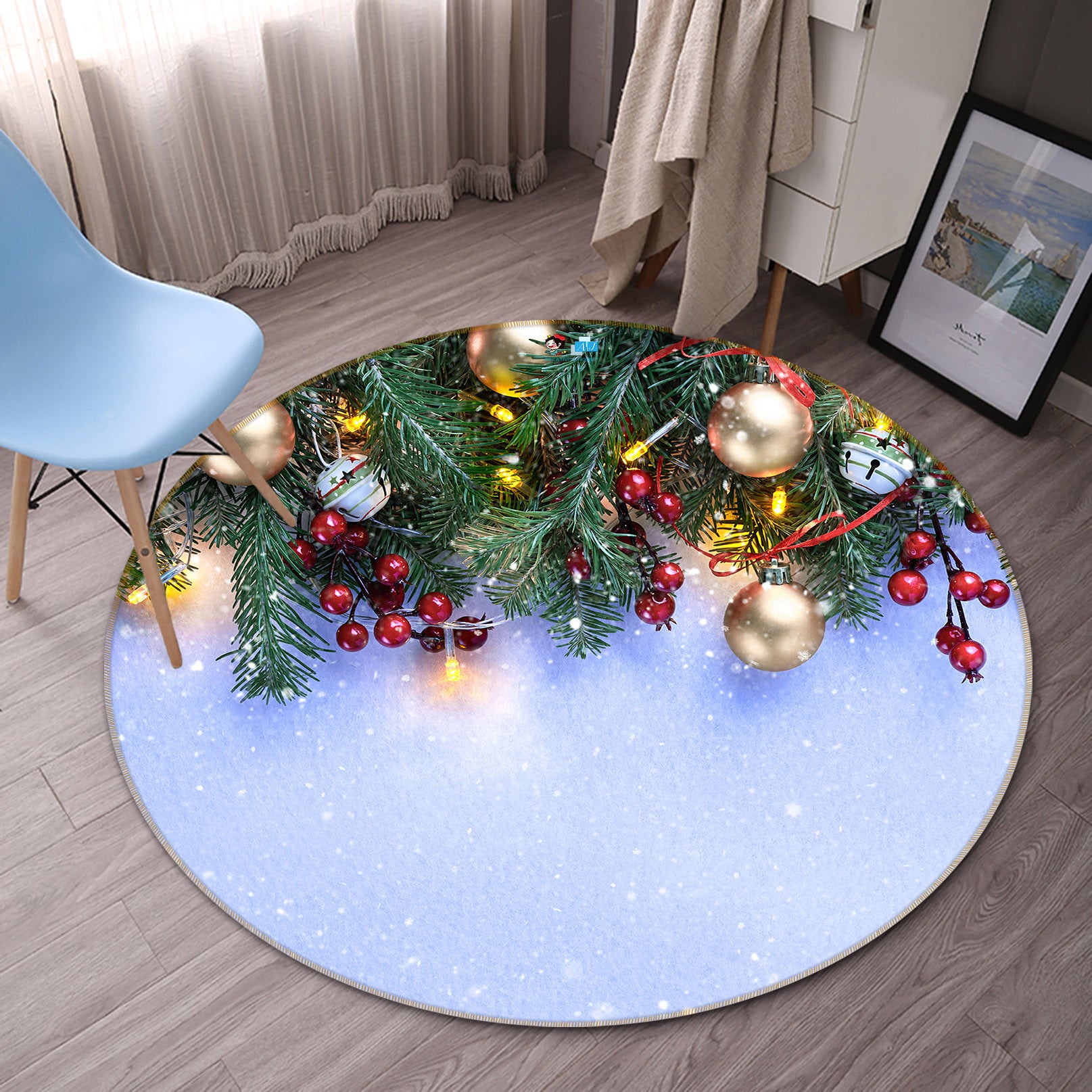3D Branches Golden Ball Pendant 54171 Christmas Round Non Slip Rug Mat Xmas