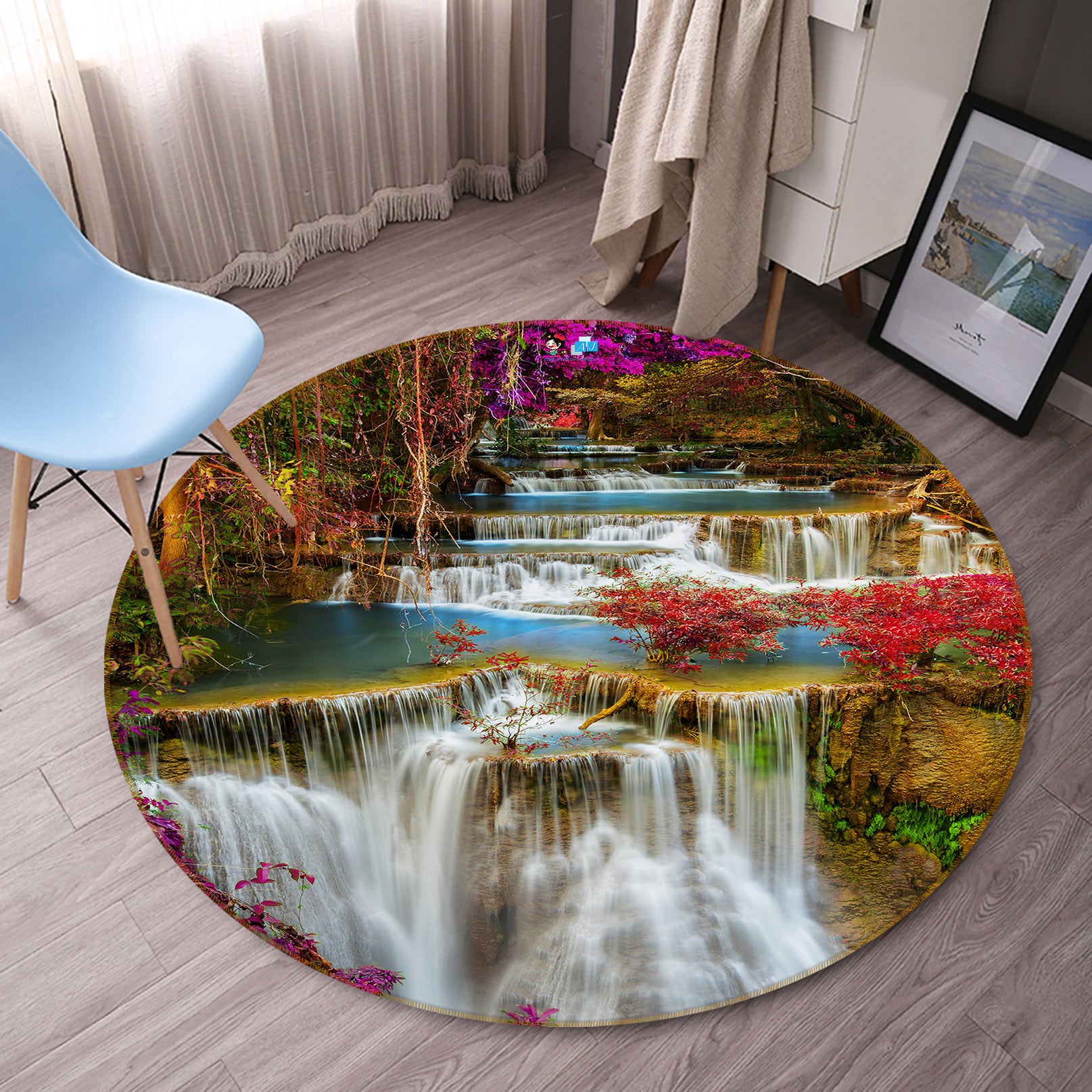 3D Waterfall Flower 69078 Round Non Slip Rug Mat
