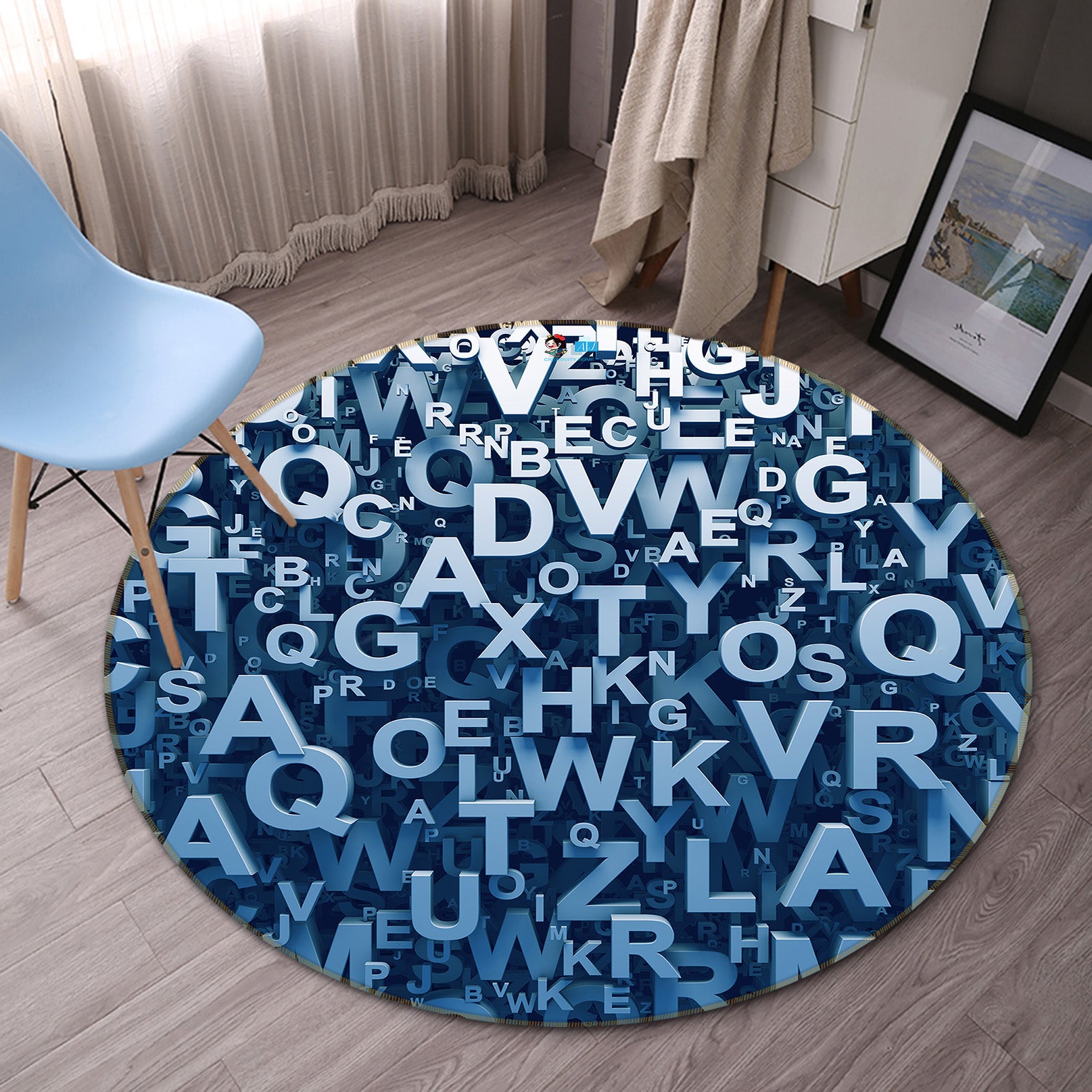 3D Blue Letters 72084 Round Non Slip Rug Mat