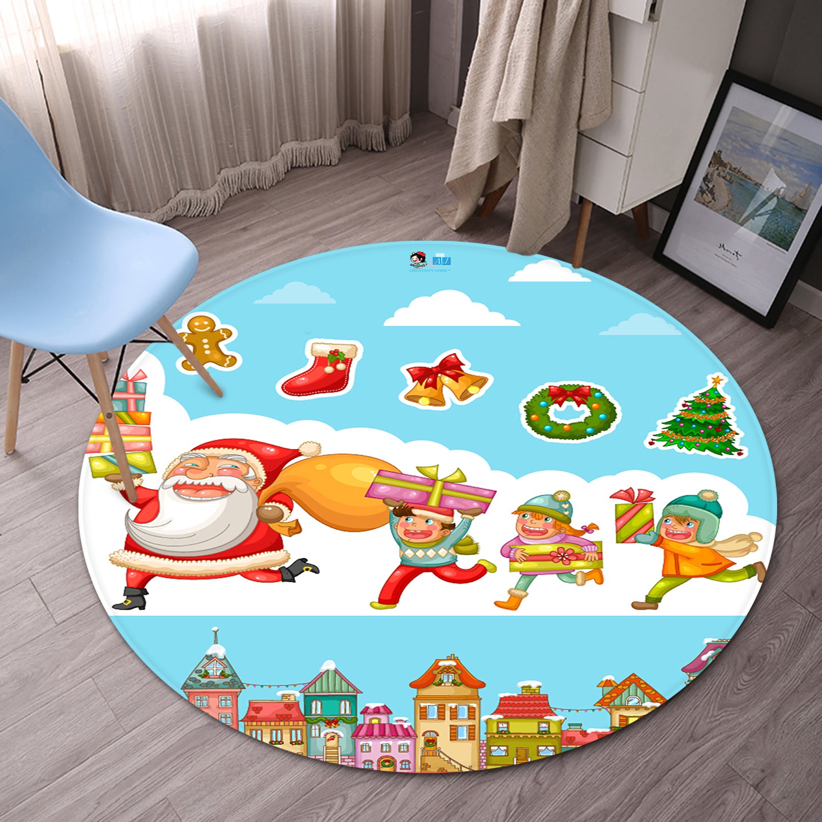 3D Santa Gift 66004 Christmas Round Non Slip Rug Mat Xmas