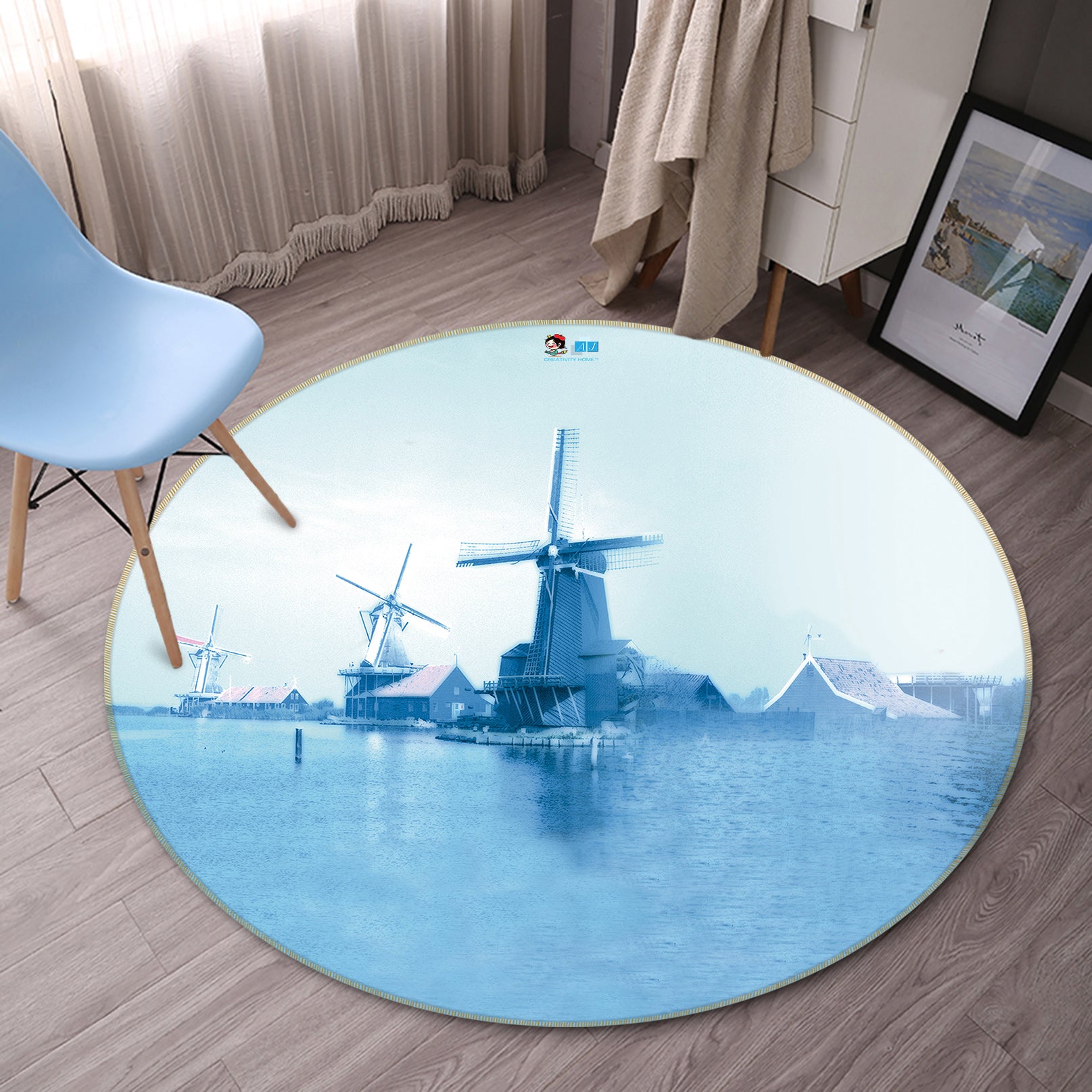 3D Blue Windmill 72269 Round Non Slip Rug Mat
