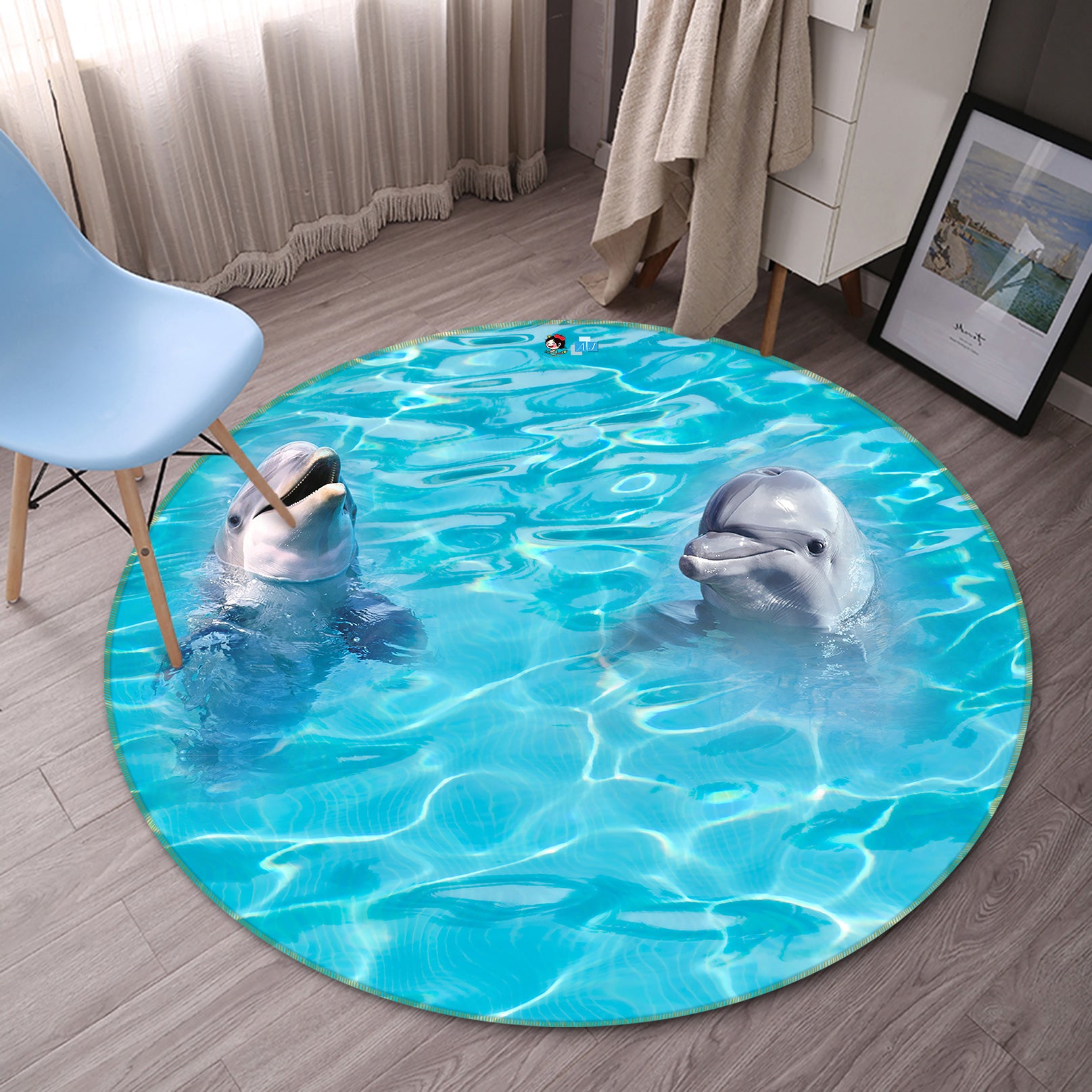 3D Dolphin Water Ripple 80263 Round Non Slip Rug Mat
