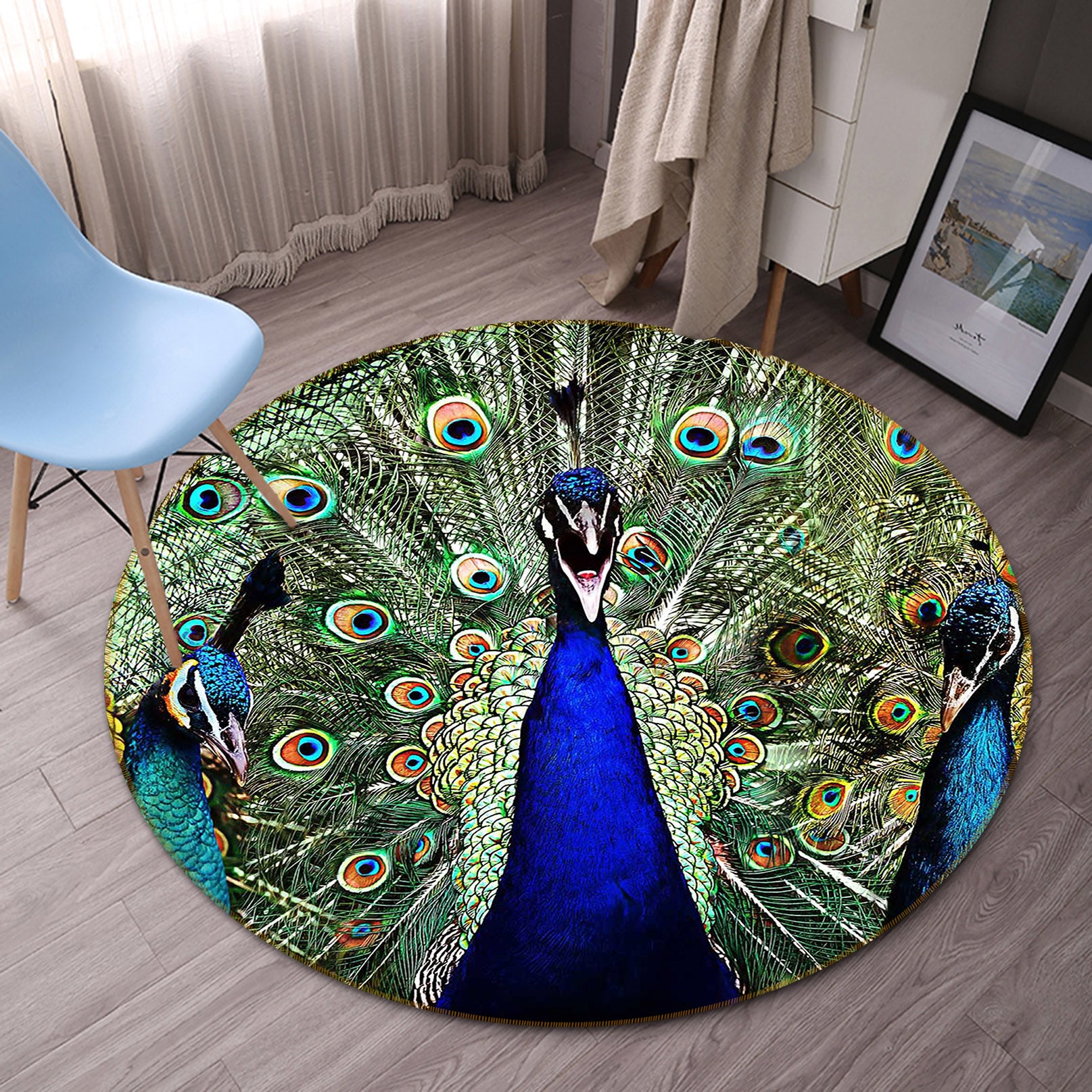 3D Peacock 82259 Animal Round Non Slip Rug Mat