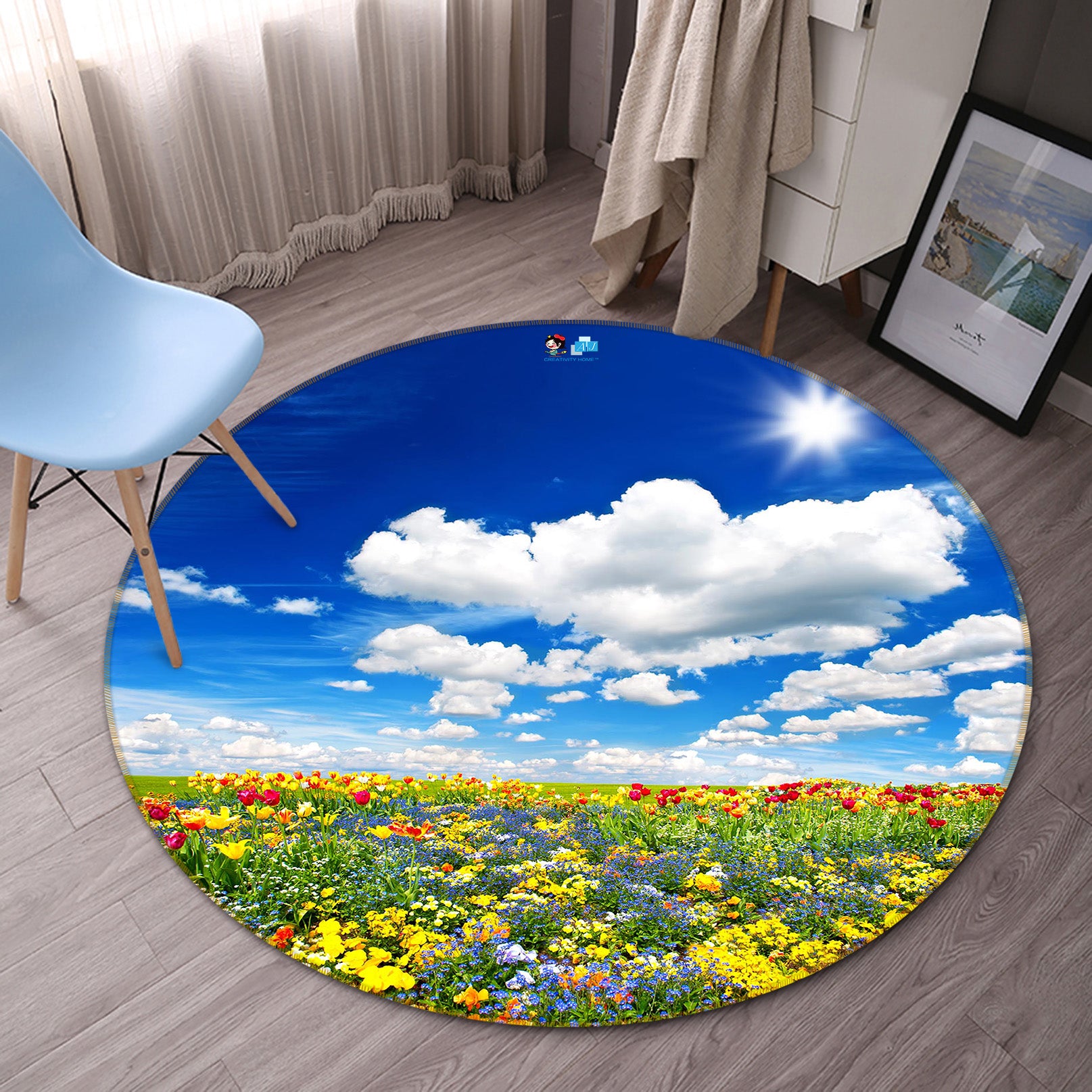 3D Sky Flowers 66173 Round Non Slip Rug Mat