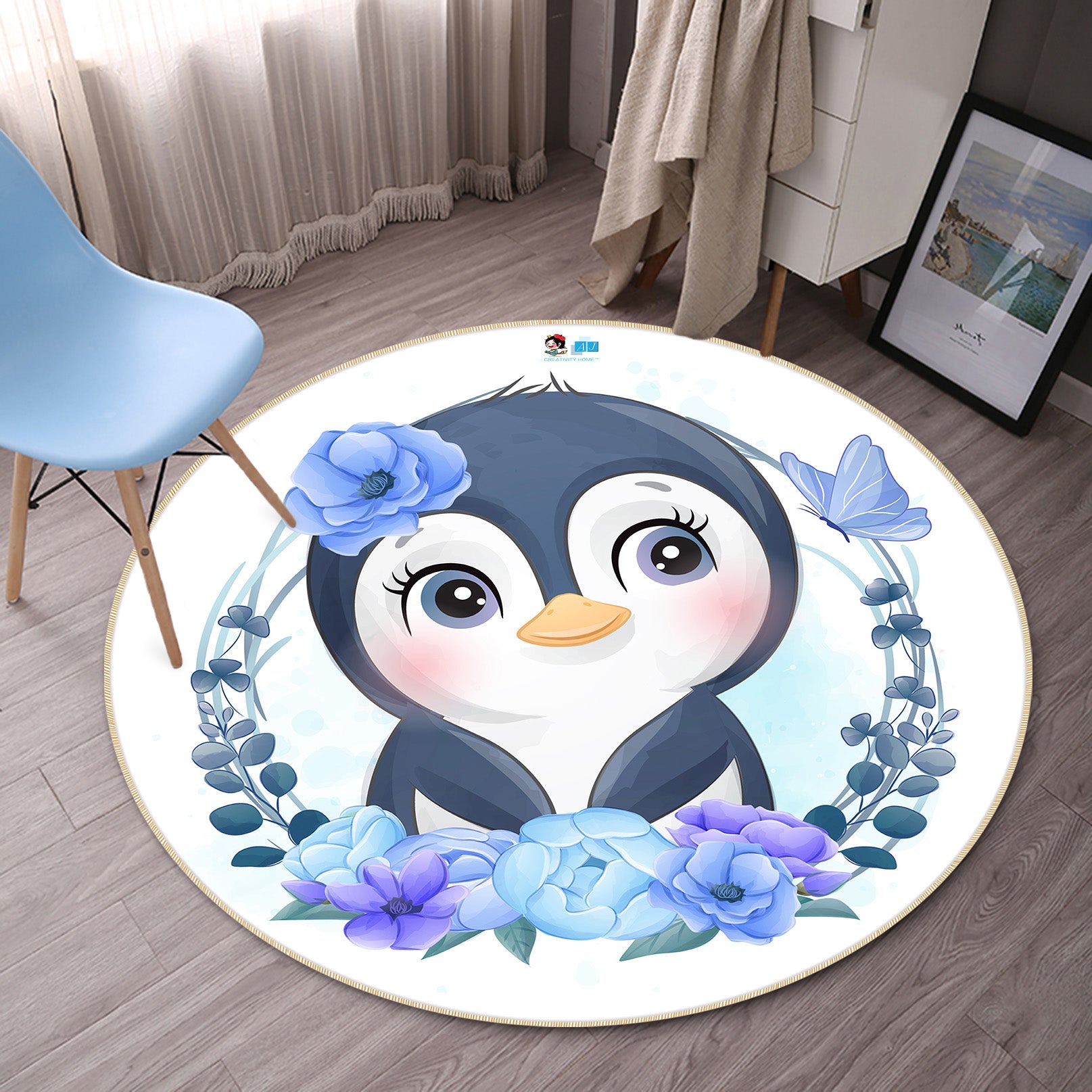 3D Cartoon Penguin 74232 Round Non Slip Rug Mat