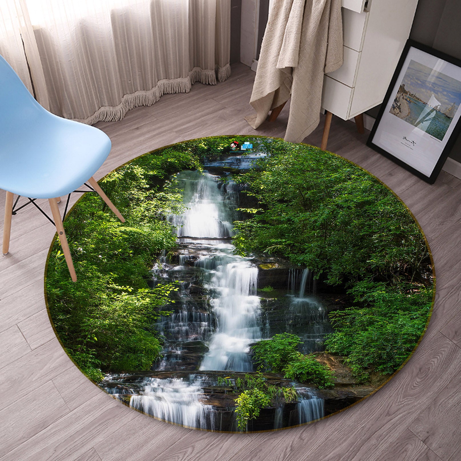 3D Mountain Waterfall 69188 Round Non Slip Rug Mat
