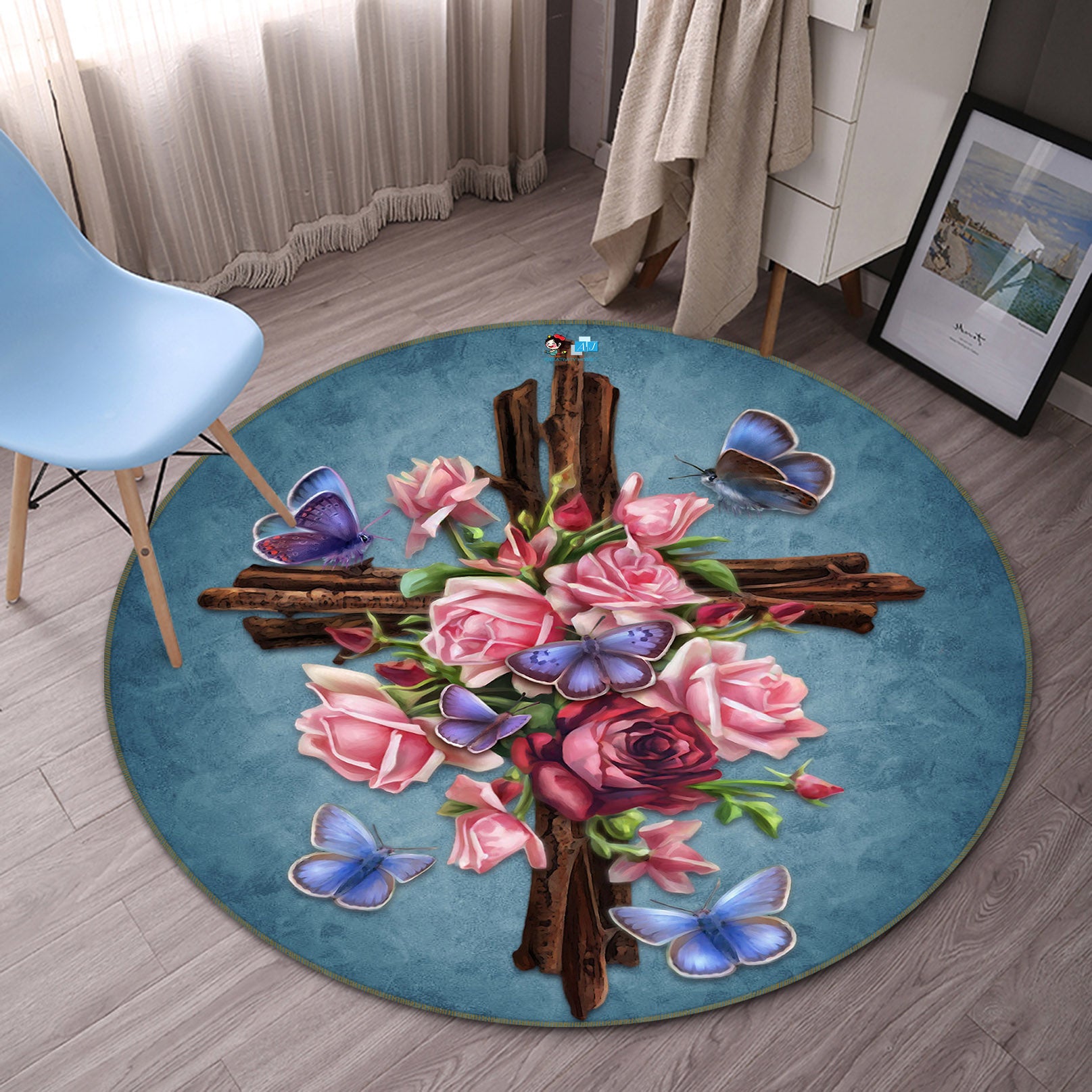 3D Rose Butterfly 8893 Brigid Ashwood Rug Round Non Slip Rug Mat