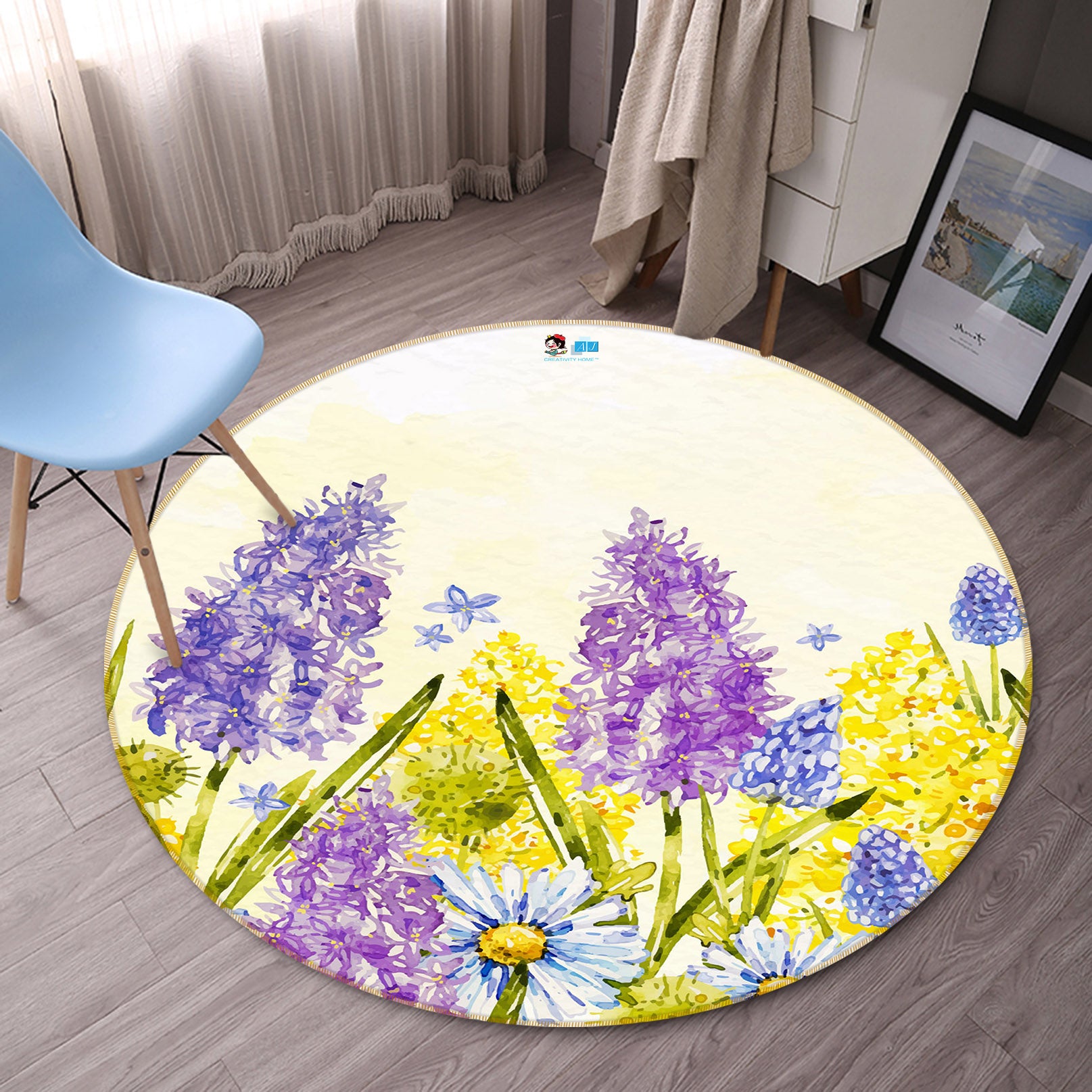 3D Purple Yellow Flowers 71284 Round Non Slip Rug Mat
