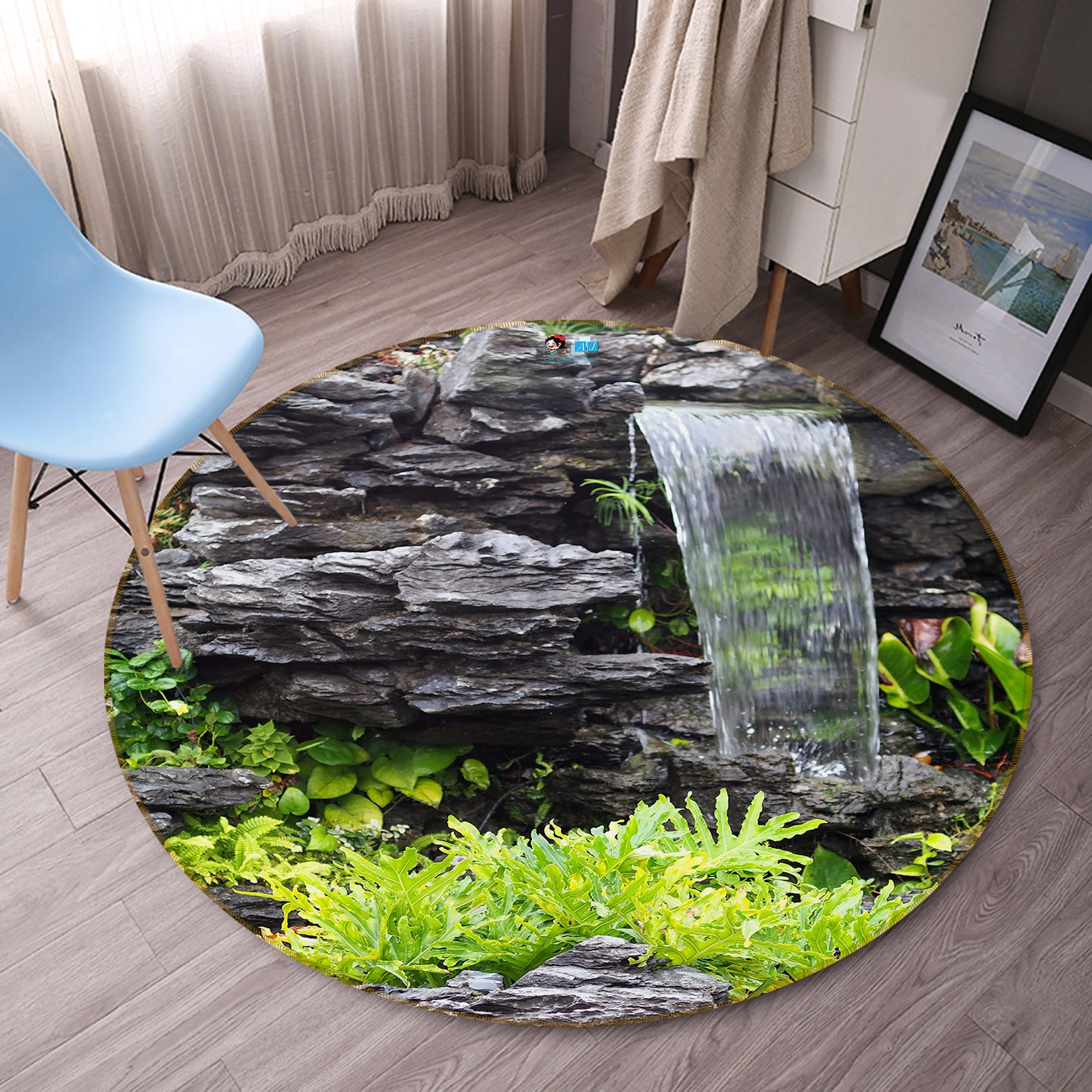 3D Stone Running Water 69098 Round Non Slip Rug Mat