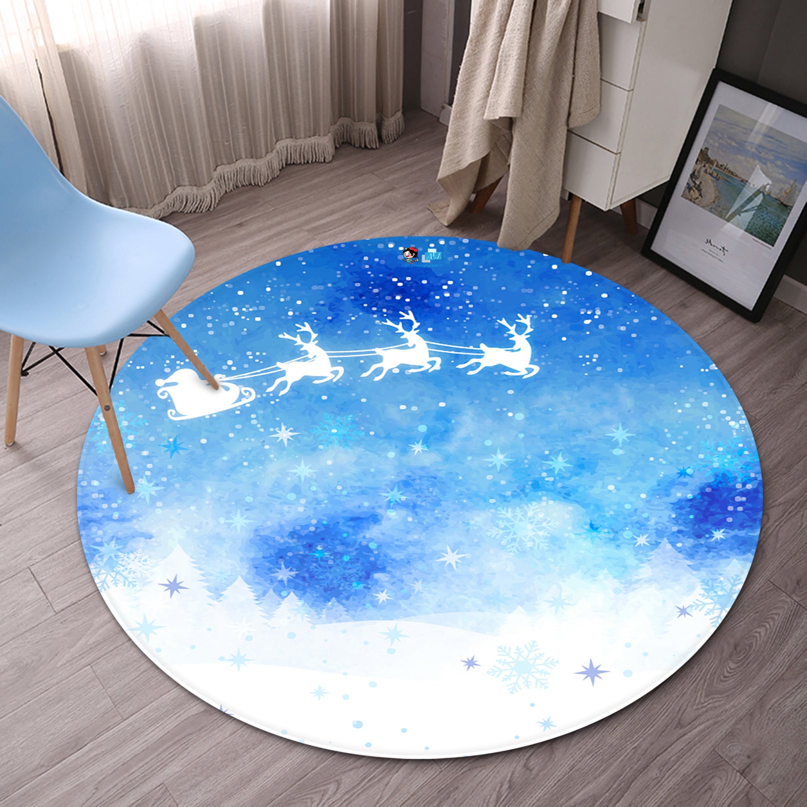 3D Blue Starry Sleigh Deer 66029 Christmas Round Non Slip Rug Mat Xmas