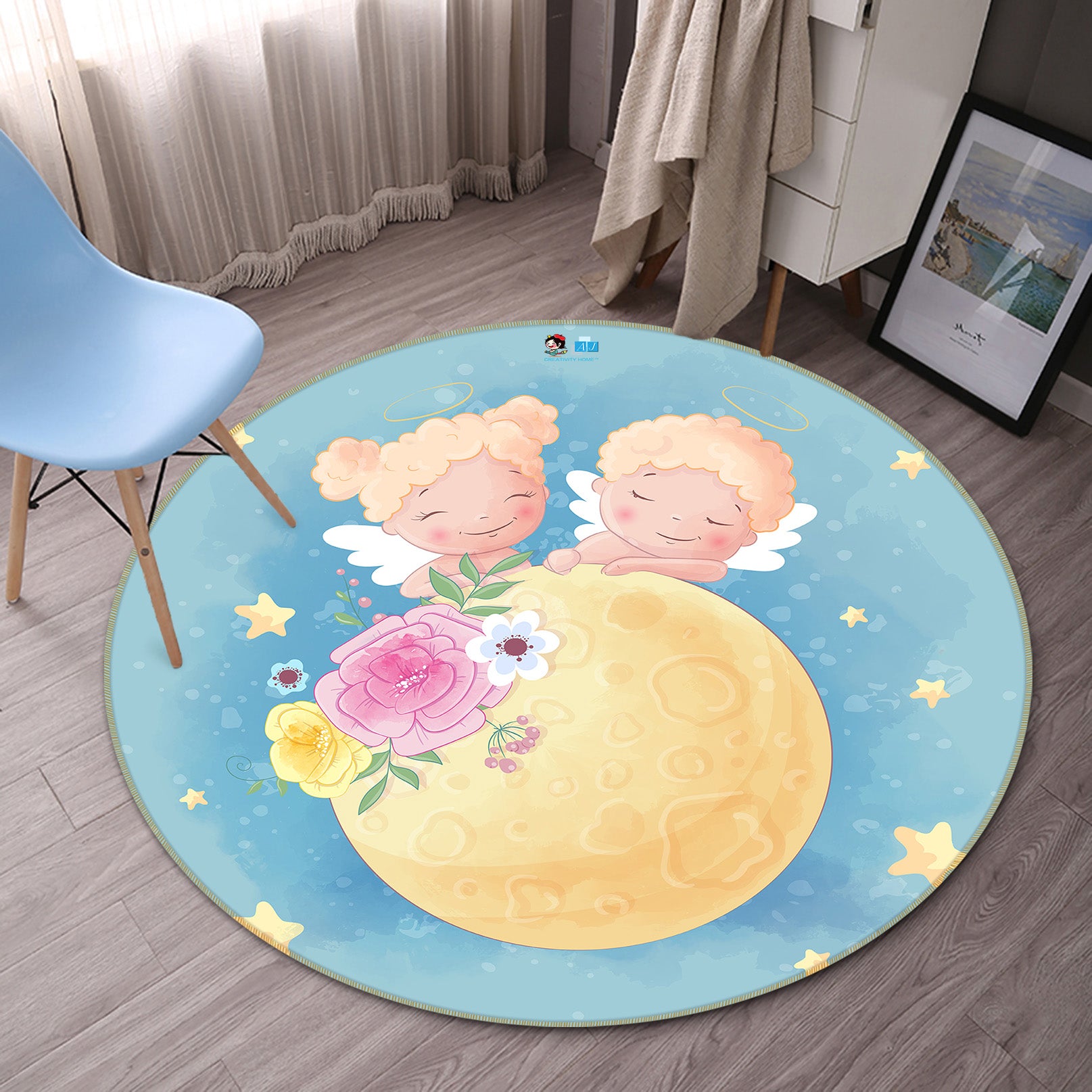 3D Cartoon Moon Angel 74204 Round Non Slip Rug Mat