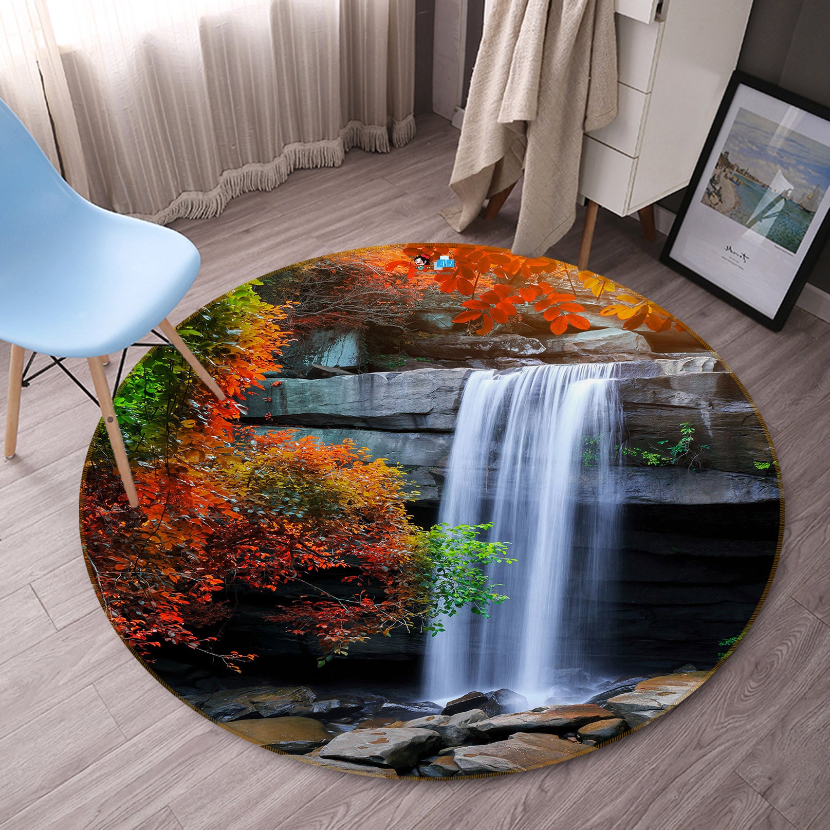 3D Mountain Stone Waterfall 69067 Round Non Slip Rug Mat