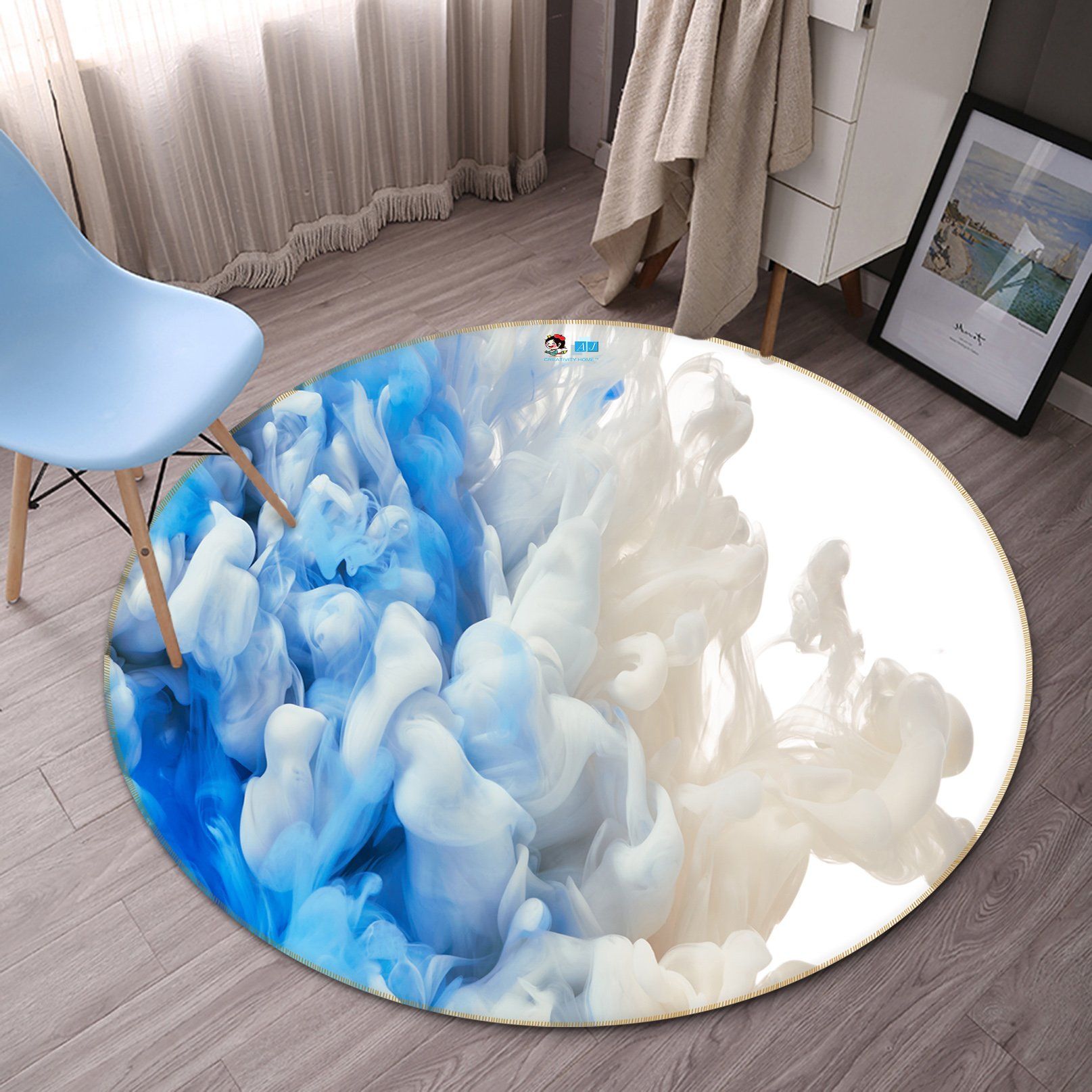 3D Blue And White Smoke 62 Round Non Slip Rug Mat Mat AJ Creativity Home 