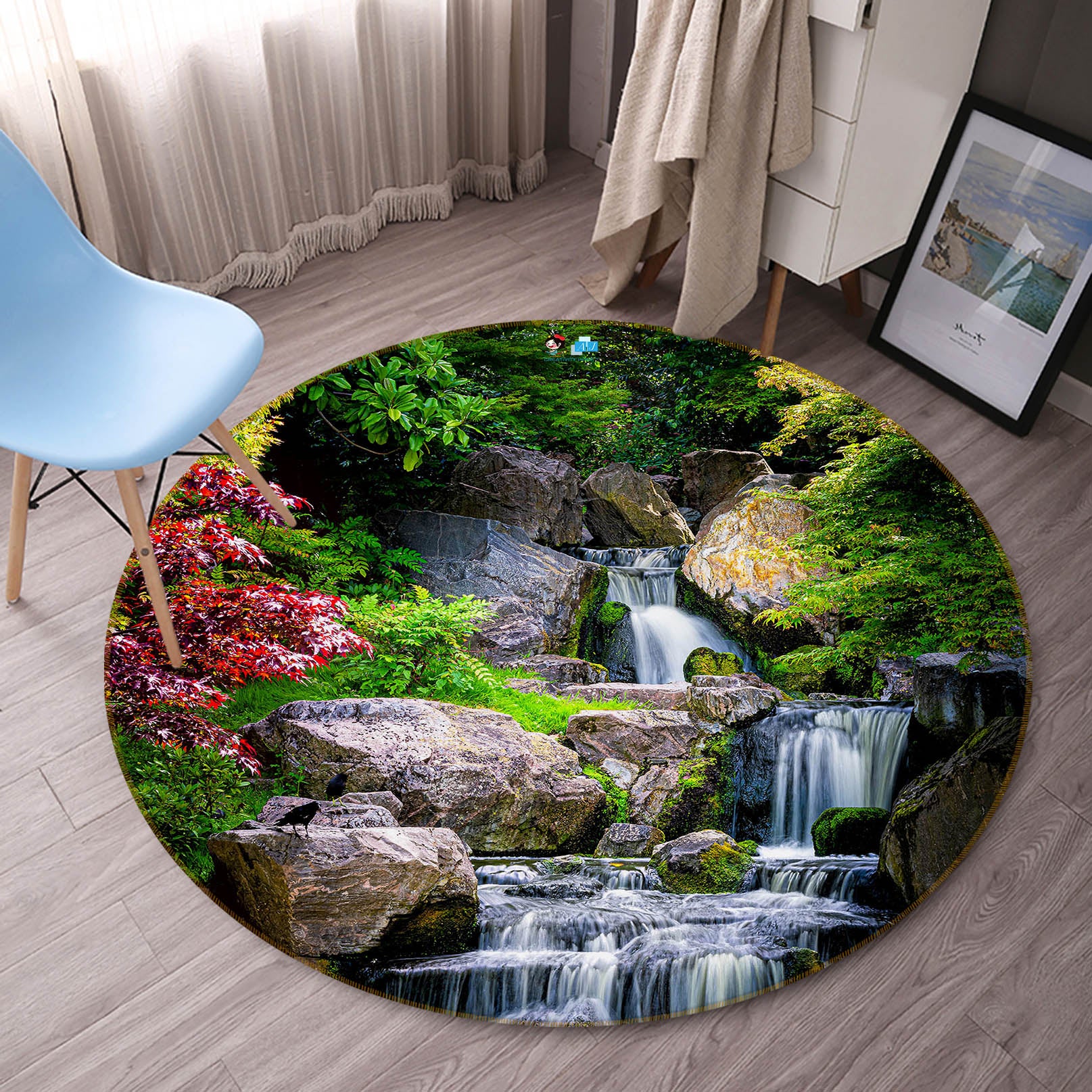 3D Mountain Running Water 69130 Round Non Slip Rug Mat