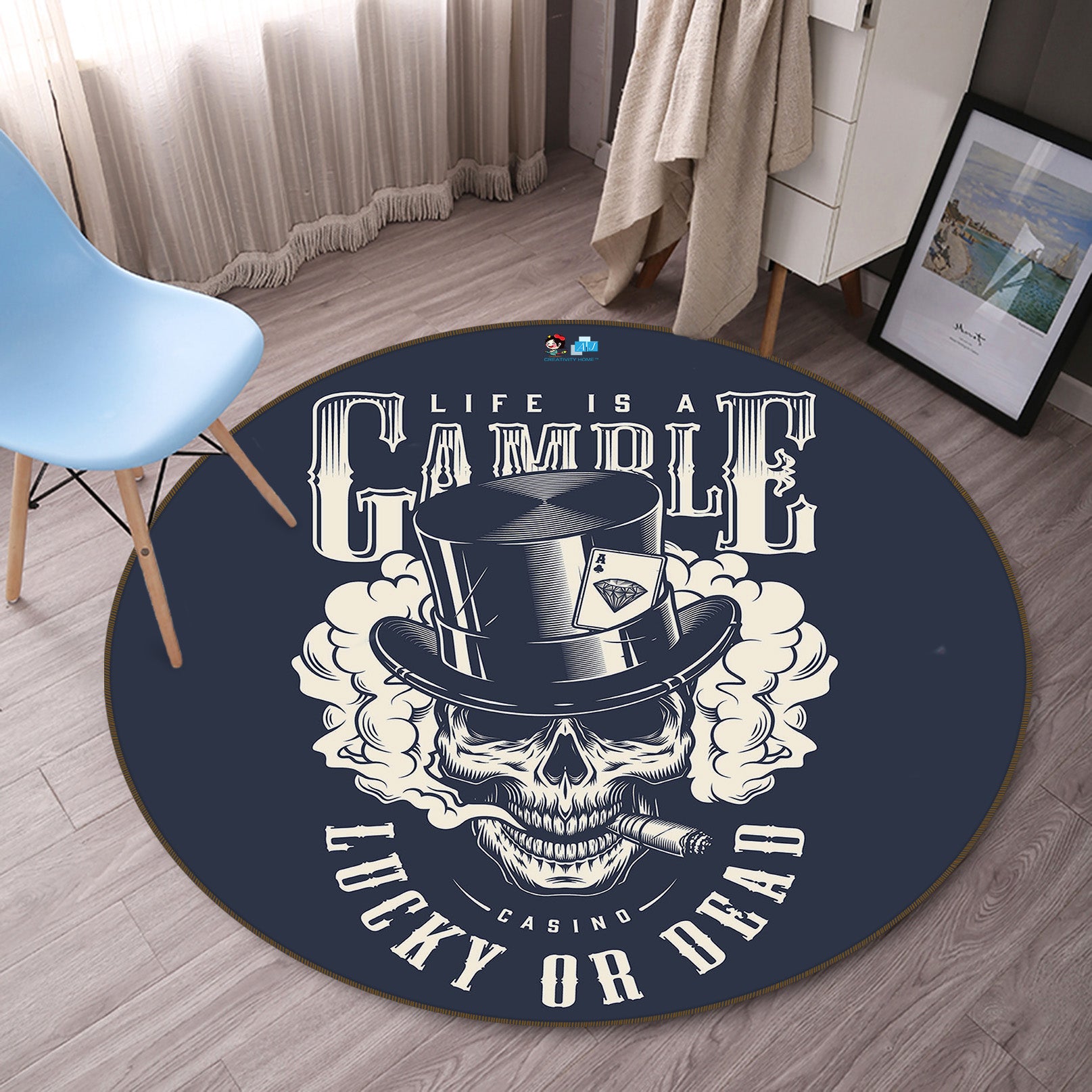 3D Black White Skull 75039 Round Non Slip Rug Mat