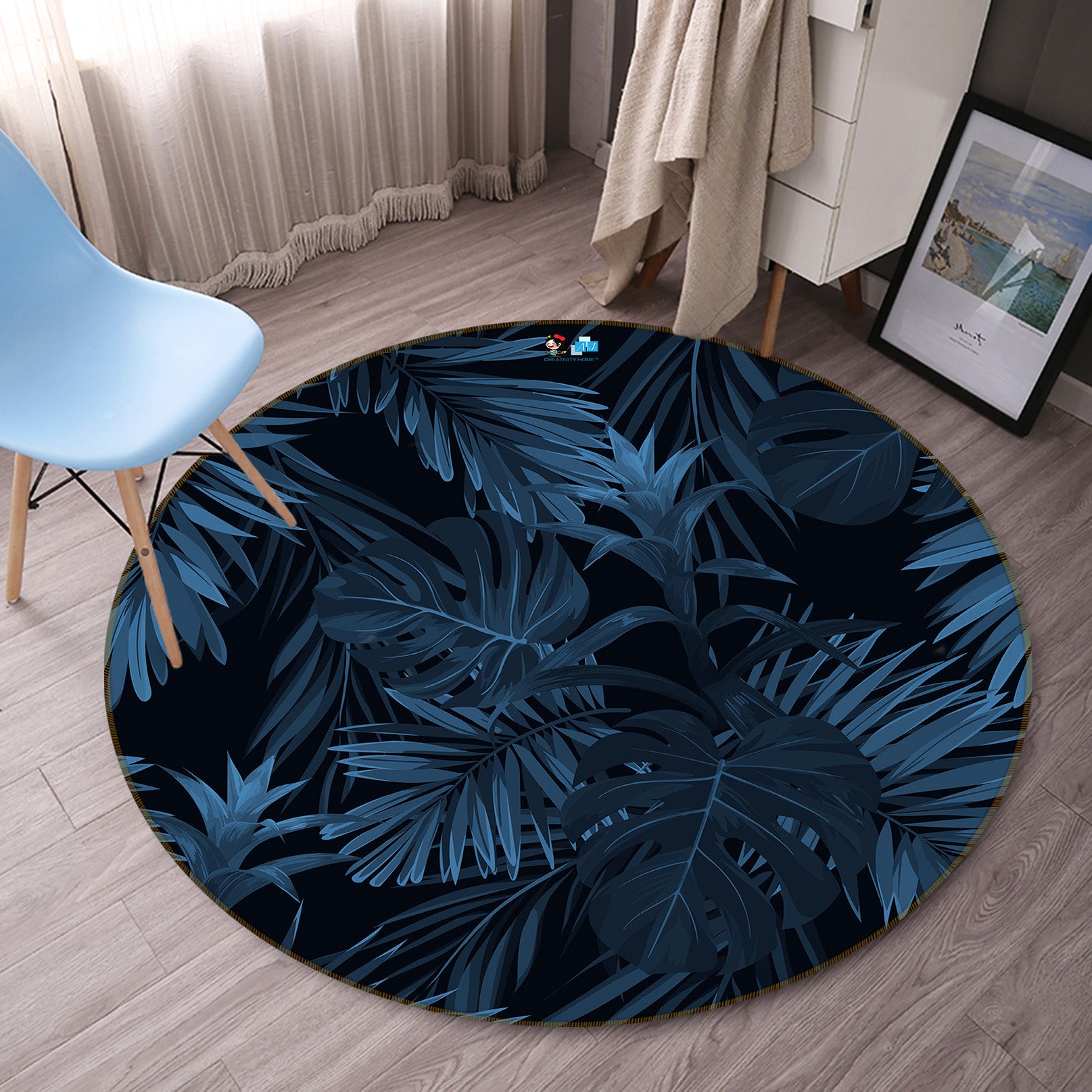 3D Dark Leaves 69226 Round Non Slip Rug Mat