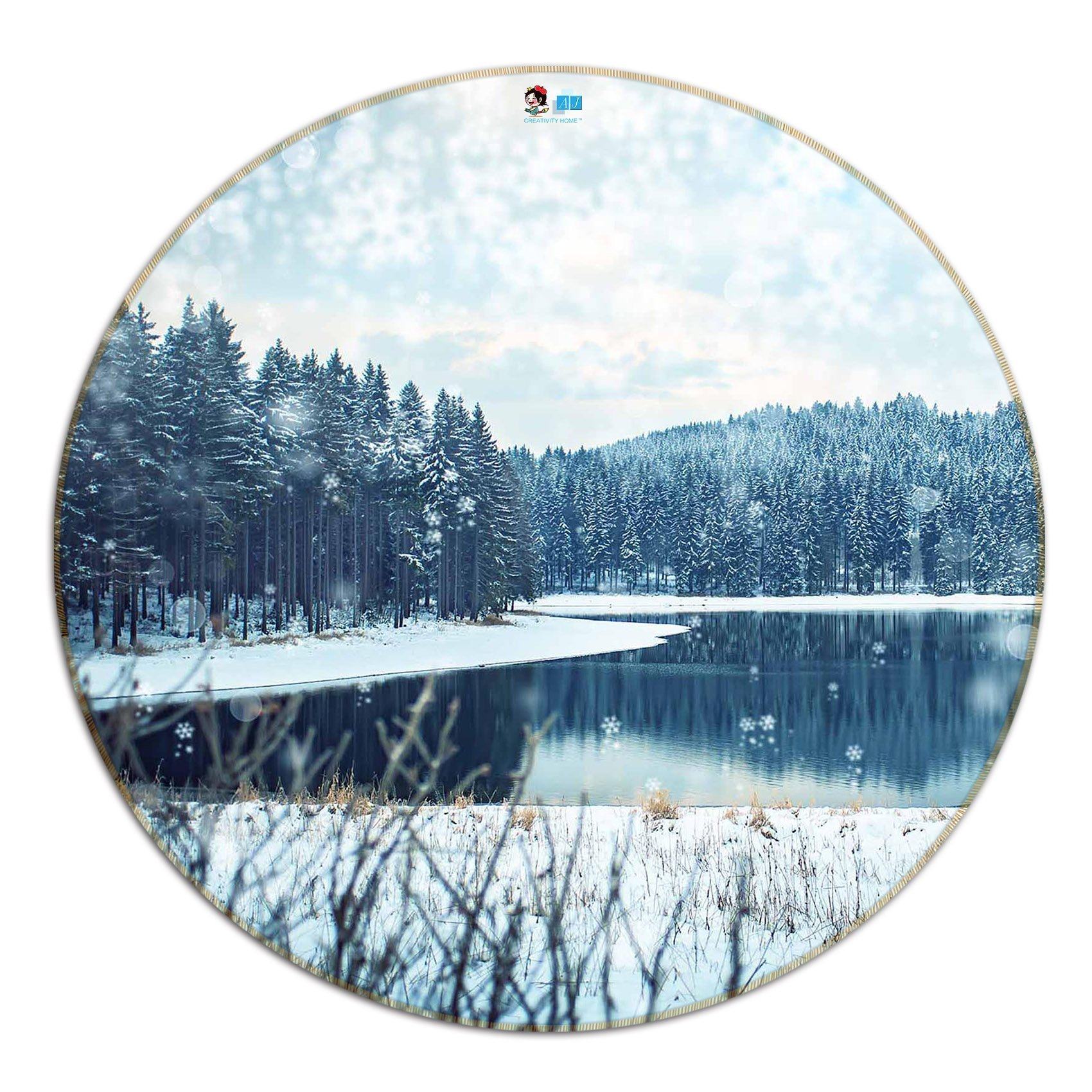 3D Snow Forest Lake Scenery 67 Round Non Slip Rug Mat Mat AJ Creativity Home 